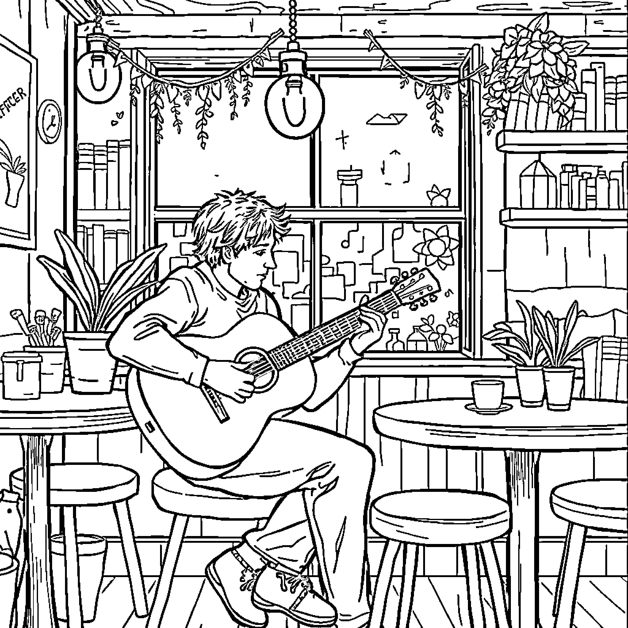 Creed of the Solitary Musician in a Cozy Cafe Coloring Page (free black-and-white line drawing printable PDF for all, from beginners to advanced learners, including children, teens, adults, and seniors)