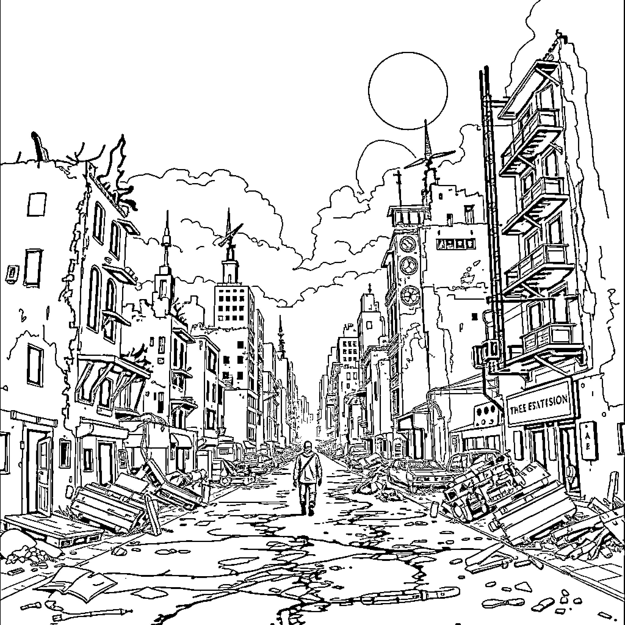 Survivor explores the ruins of a devastated city Coloring Page (free black-and-white line drawing printable PDF for all, from beginners to advanced learners, including children, teens, adults, and seniors)