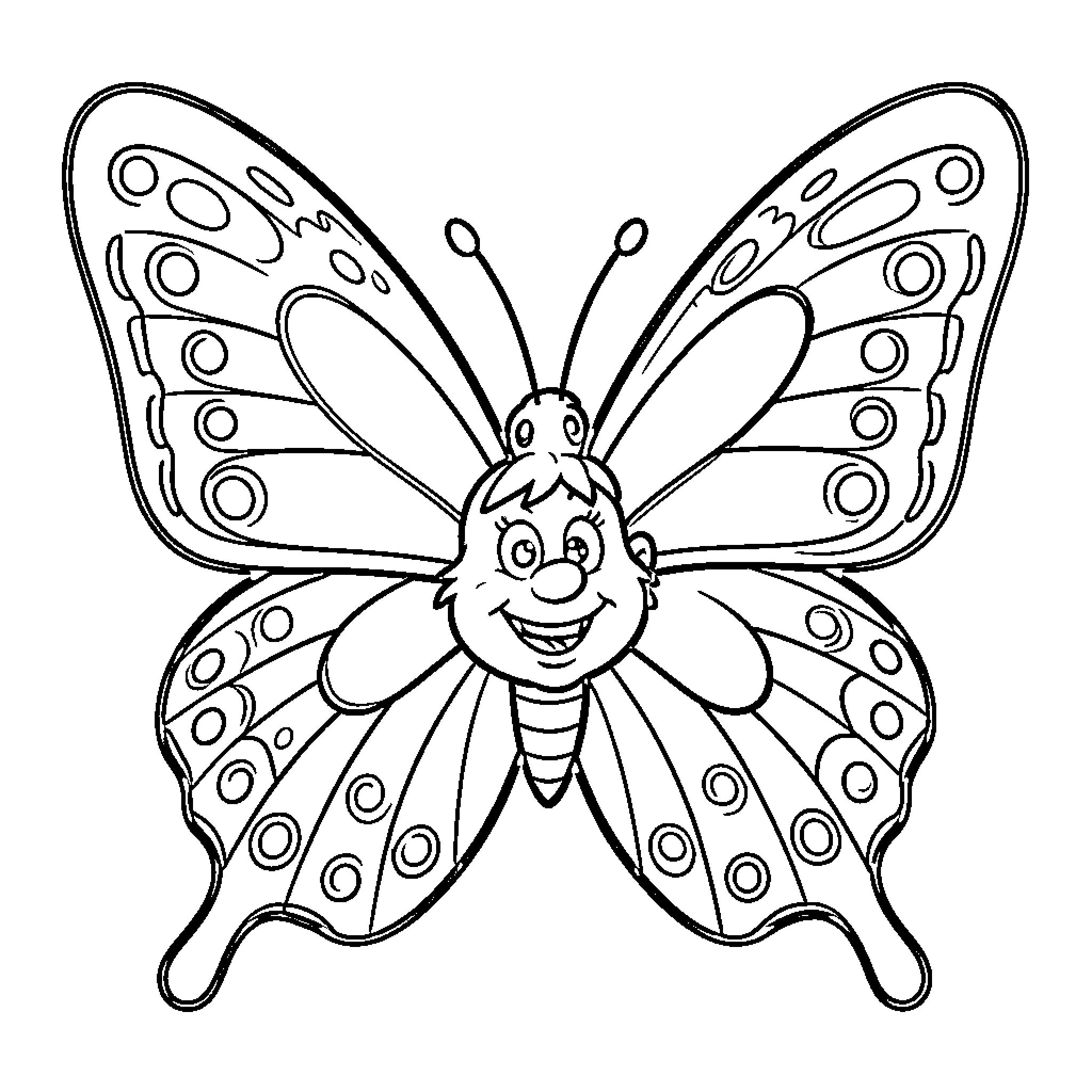 Butterfly with a happy expression Coloring Page (free black-and-white line drawing printable PDF for all, from beginners to advanced learners, including children, teens, adults, and seniors)