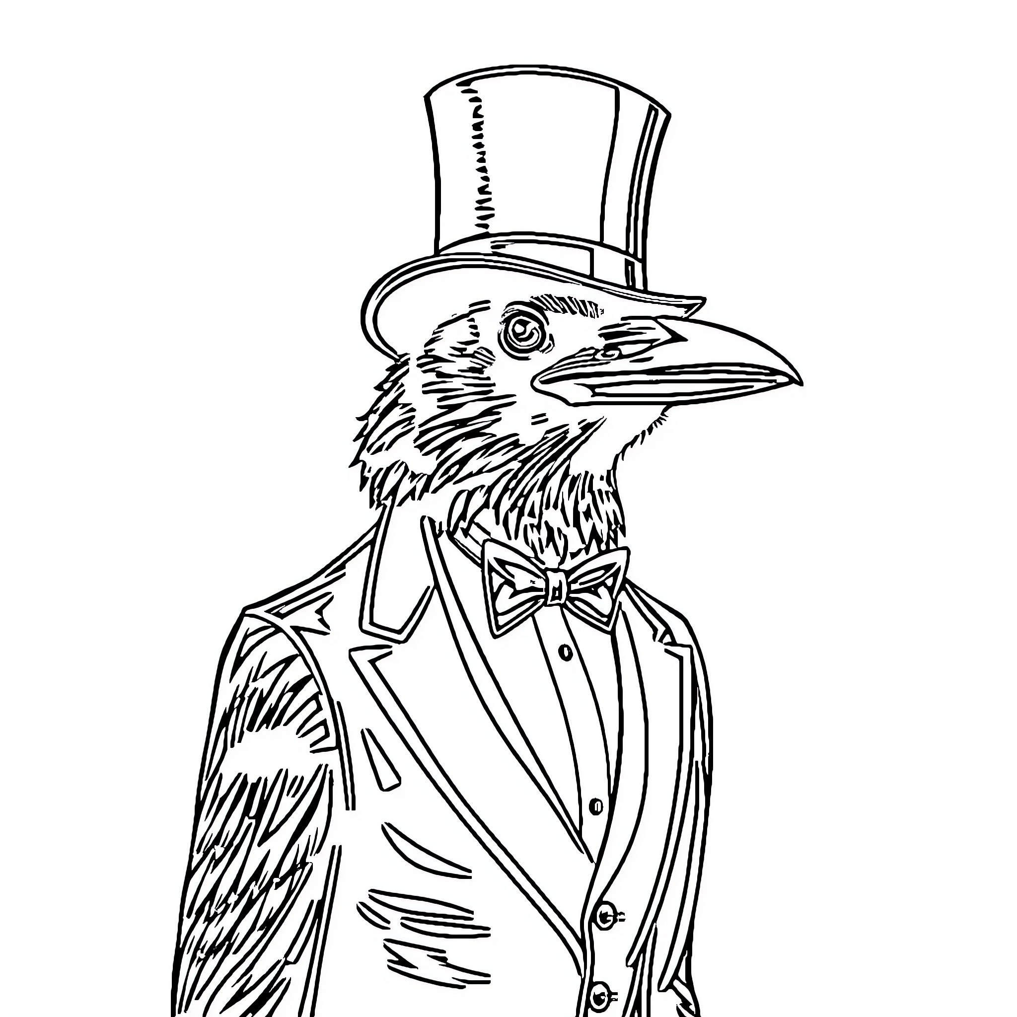 Raven dressed in formal attire with a top hat Coloring Page (free black-and-white line drawing printable PDF for all, from beginners to advanced learners, including children, teens, adults, and seniors)
