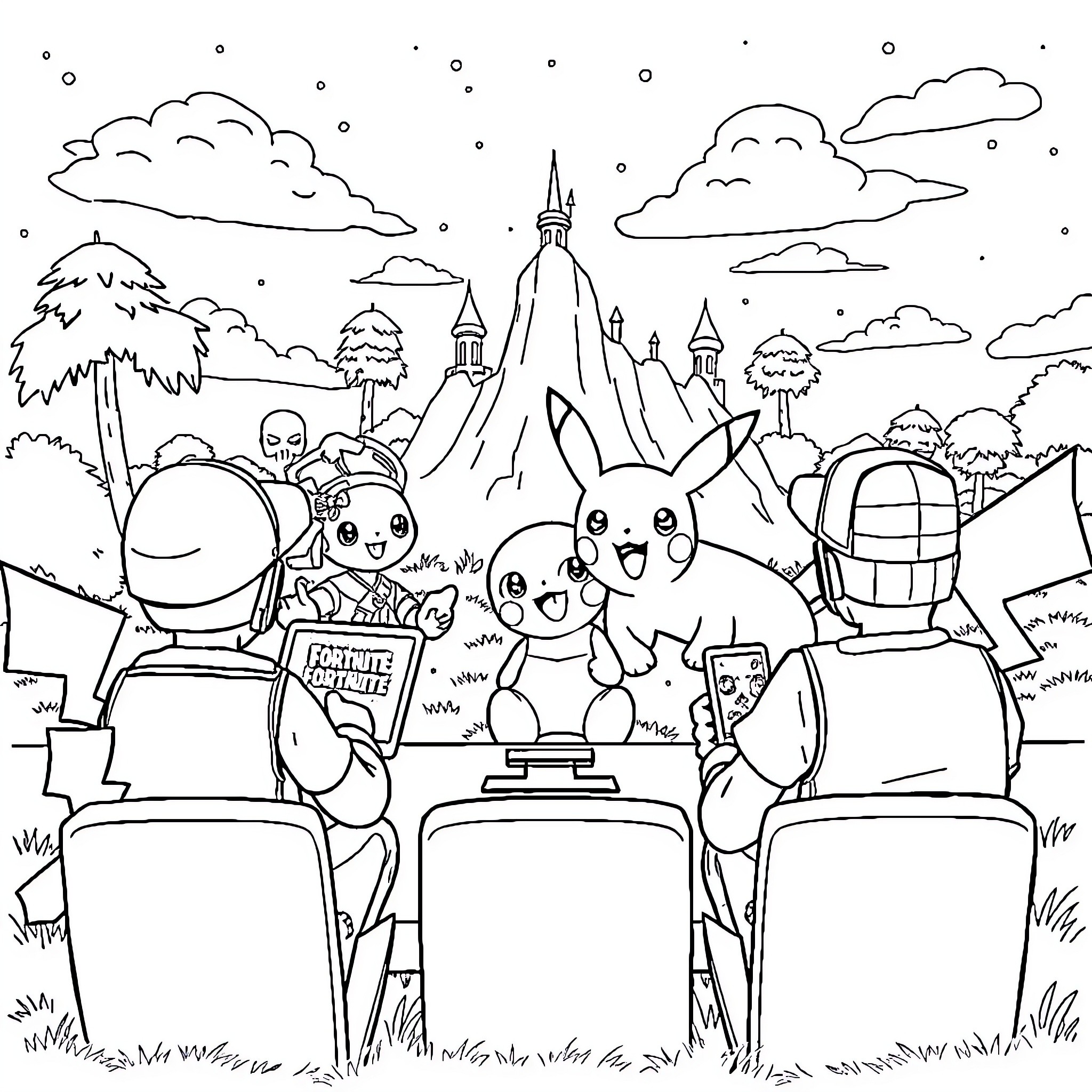 Pokémon characters enjoying a picnic in the park Coloring Page (free black-and-white line drawing printable PDF for all, from beginners to advanced learners, including children, teens, adults, and seniors)