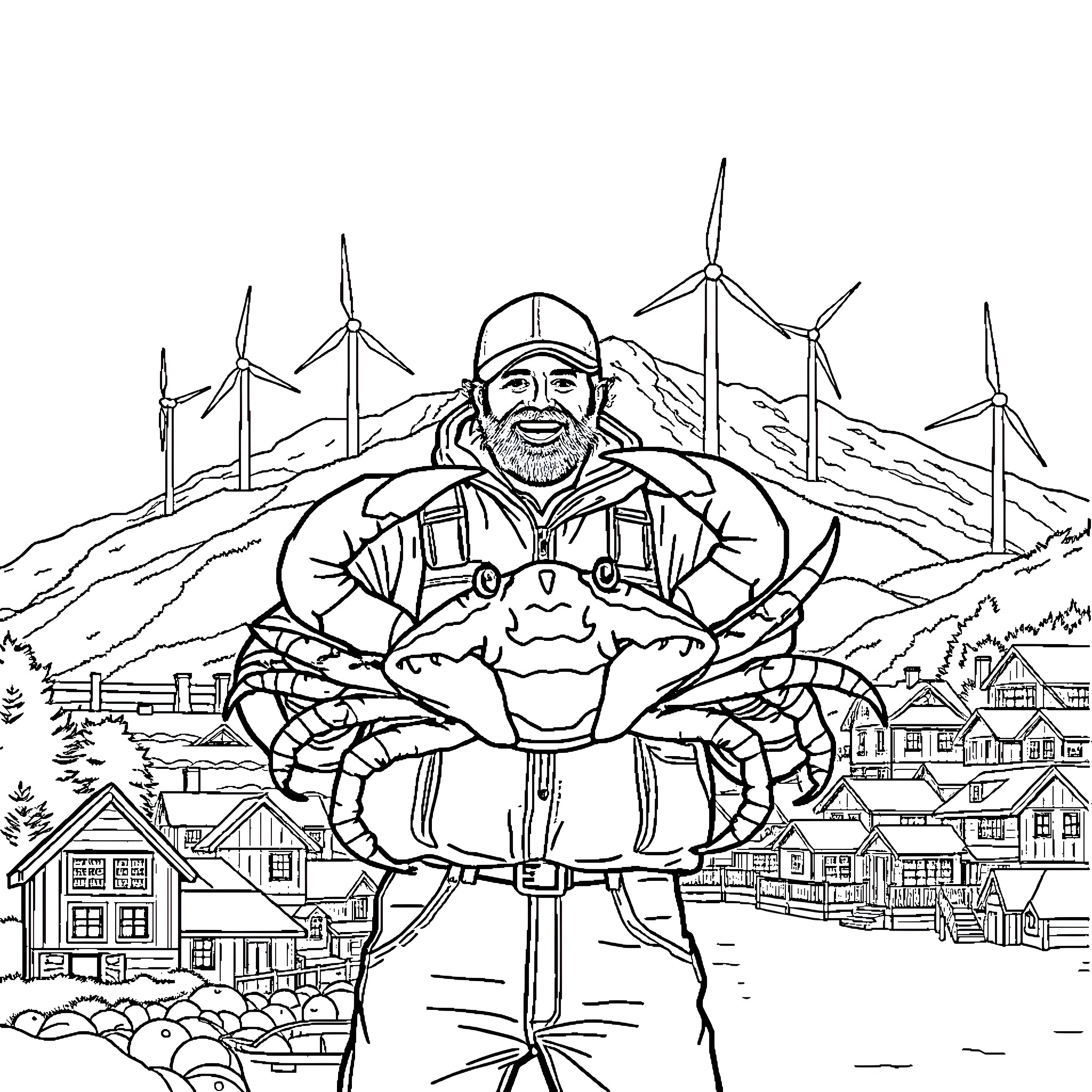 King Crab harvesting wind turbines in snowy mountain town Coloring Page (free black-and-white line drawing printable PDF for all, from beginners to advanced learners, including children, teens, adults, and seniors)