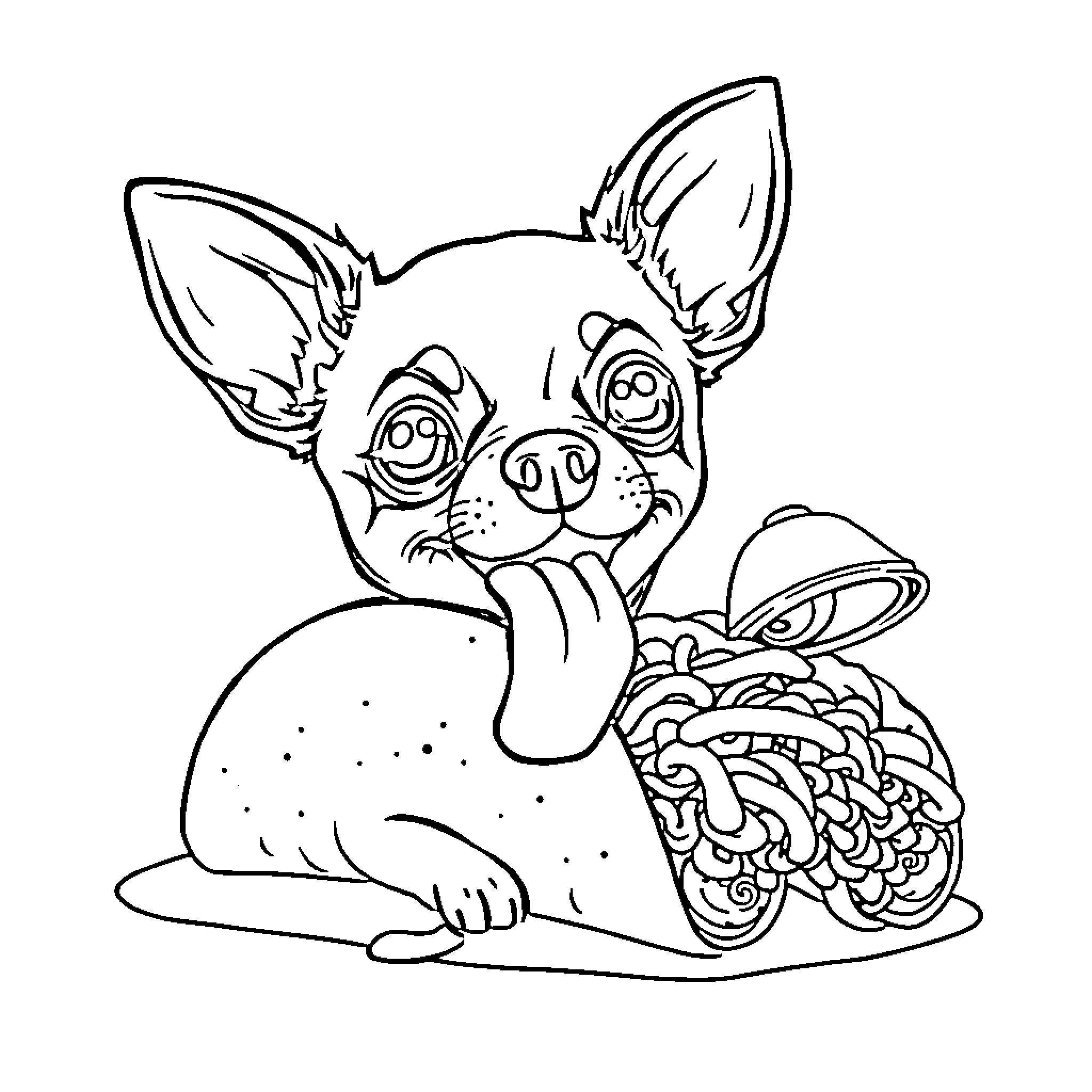 Chihuahua with Lively Expression and Patterned Fur Coloring Page (free black-and-white line drawing printable PDF for all, from beginners to advanced learners, including children, teens, adults, and seniors)