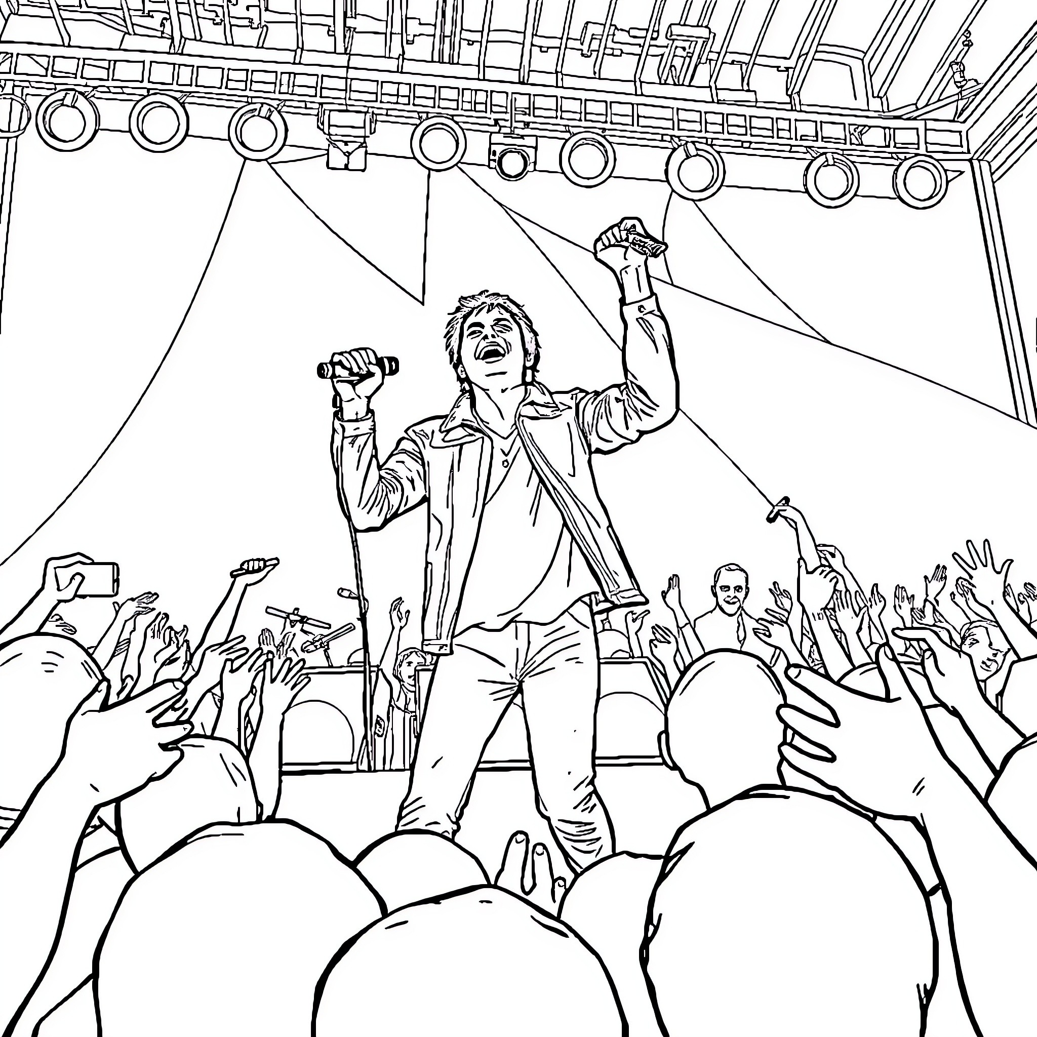 Michael Jackson Performing on Stage with Fans Coloring Page (free black-and-white line drawing printable PDF for all, from beginners to advanced learners, including children, teens, adults, and seniors)
