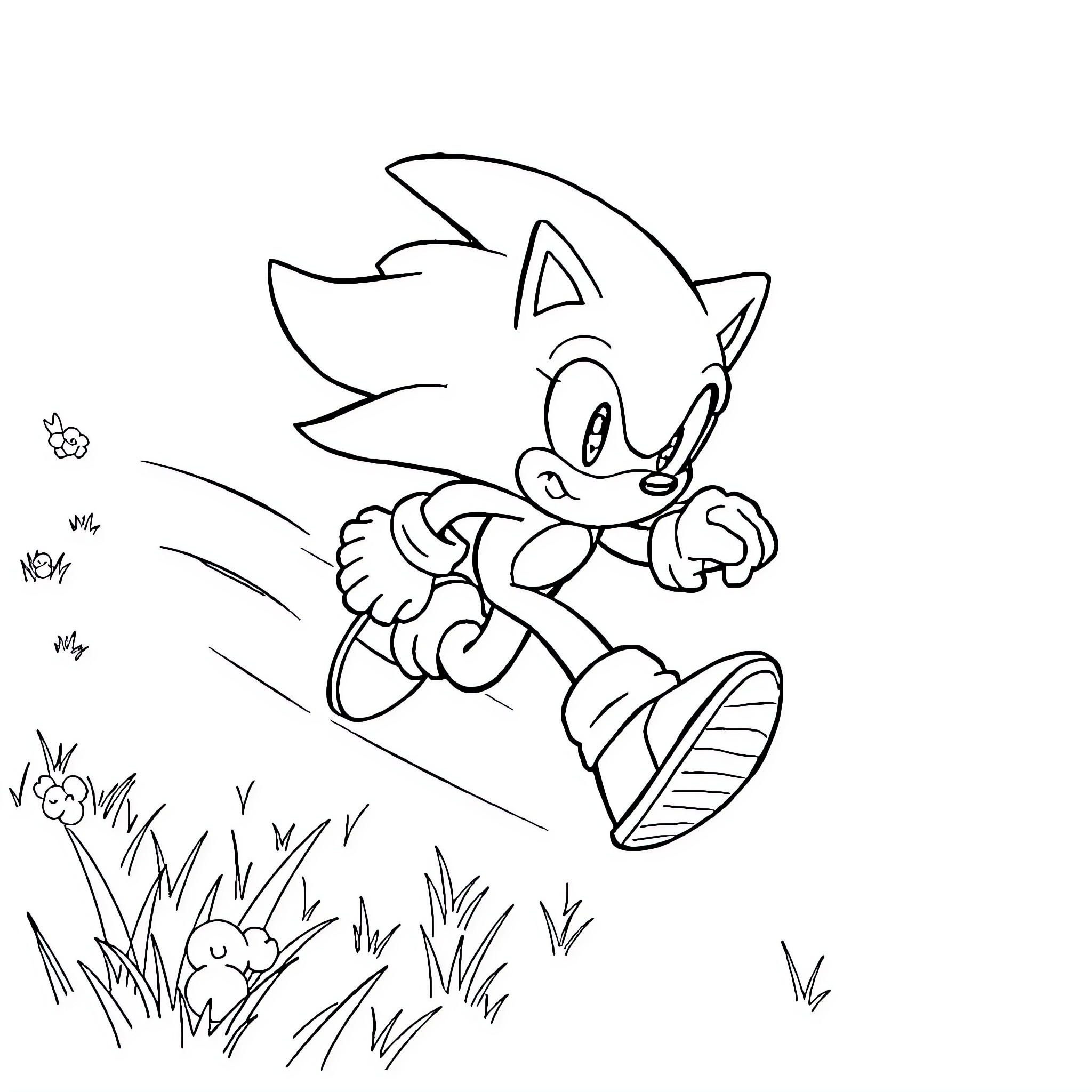 Sonic running excitedly through the grass Coloring Page (free black-and-white line drawing printable PDF for all, from beginners to advanced learners, including children, teens, adults, and seniors)