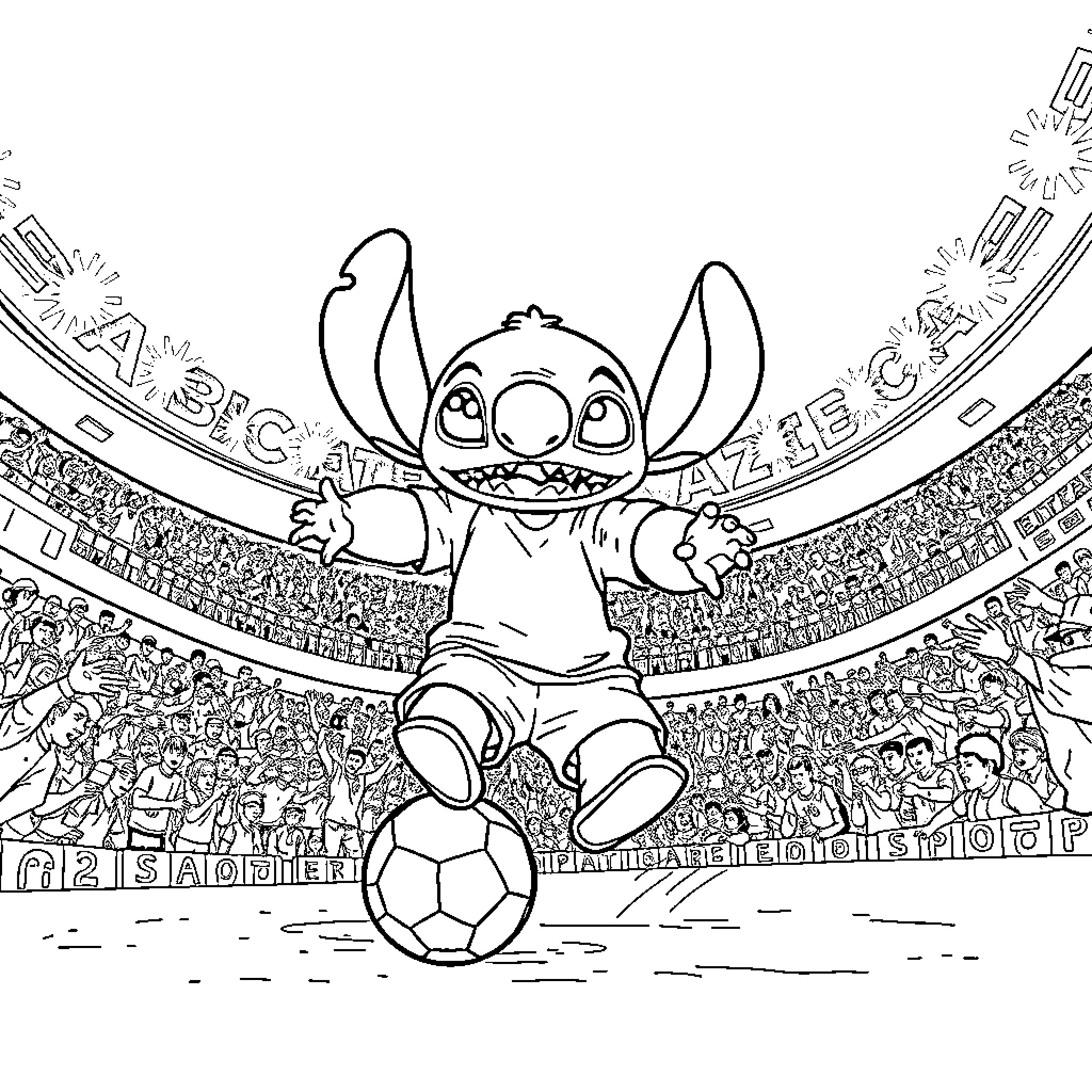 Stitch playing soccer in a stadium Coloring Page (free black-and-white line drawing printable PDF for all, from beginners to advanced learners, including children, teens, adults, and seniors)