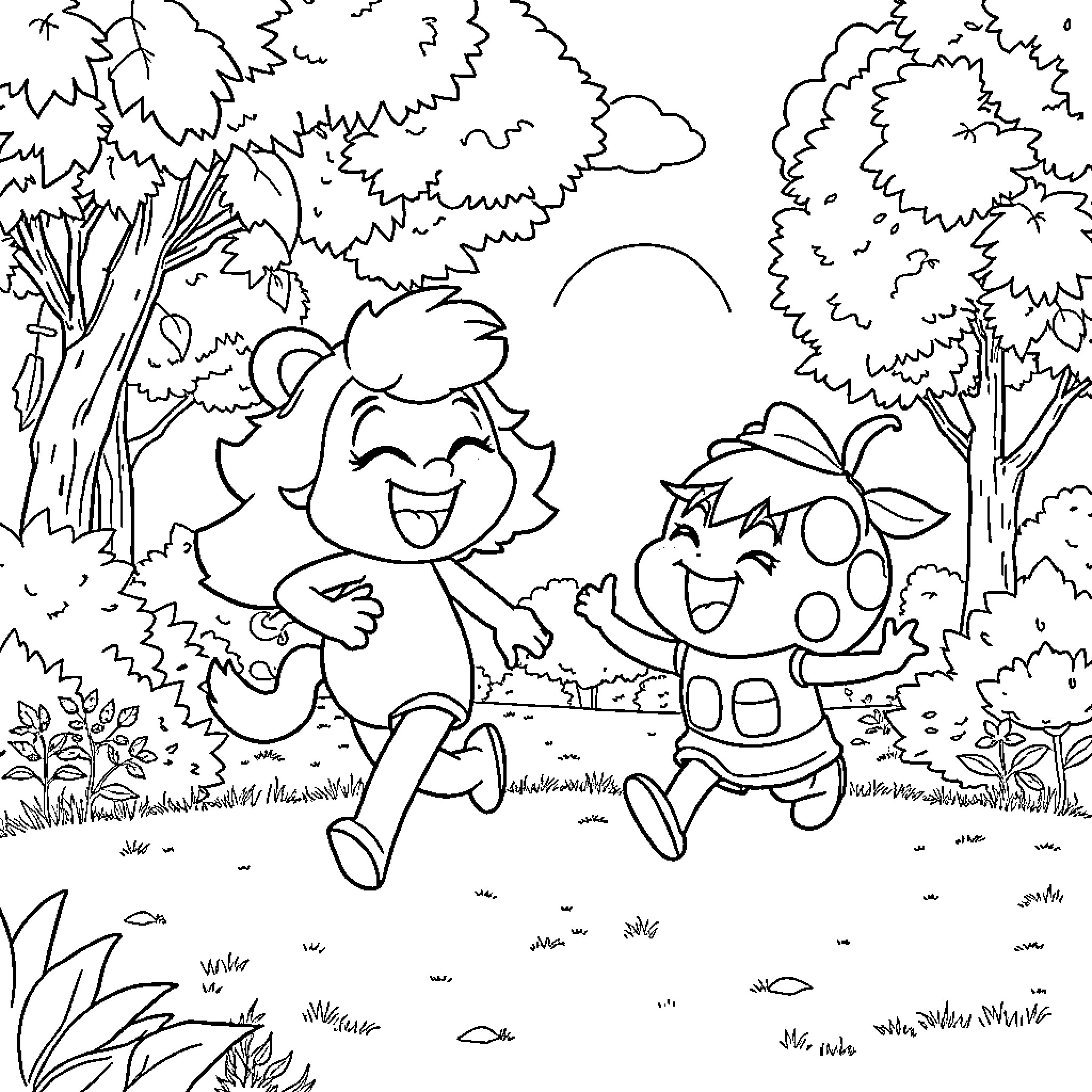 Aphmau's Joyful Adventure in the Forest Coloring Page (free black-and-white line drawing printable PDF for all, from beginners to advanced learners, including children, teens, adults, and seniors)