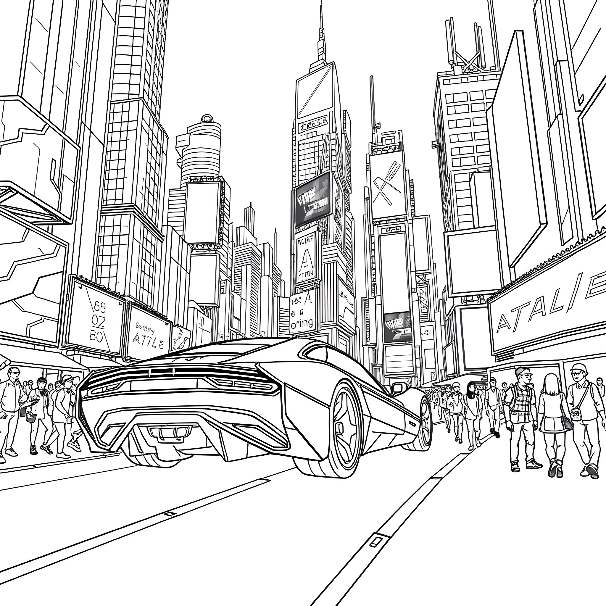 Cyberpunk Car in Futuristic City Cityscape Coloring Page (free black-and-white line drawing printable PDF for all, from beginners to advanced learners, including children, teens, adults, and seniors)