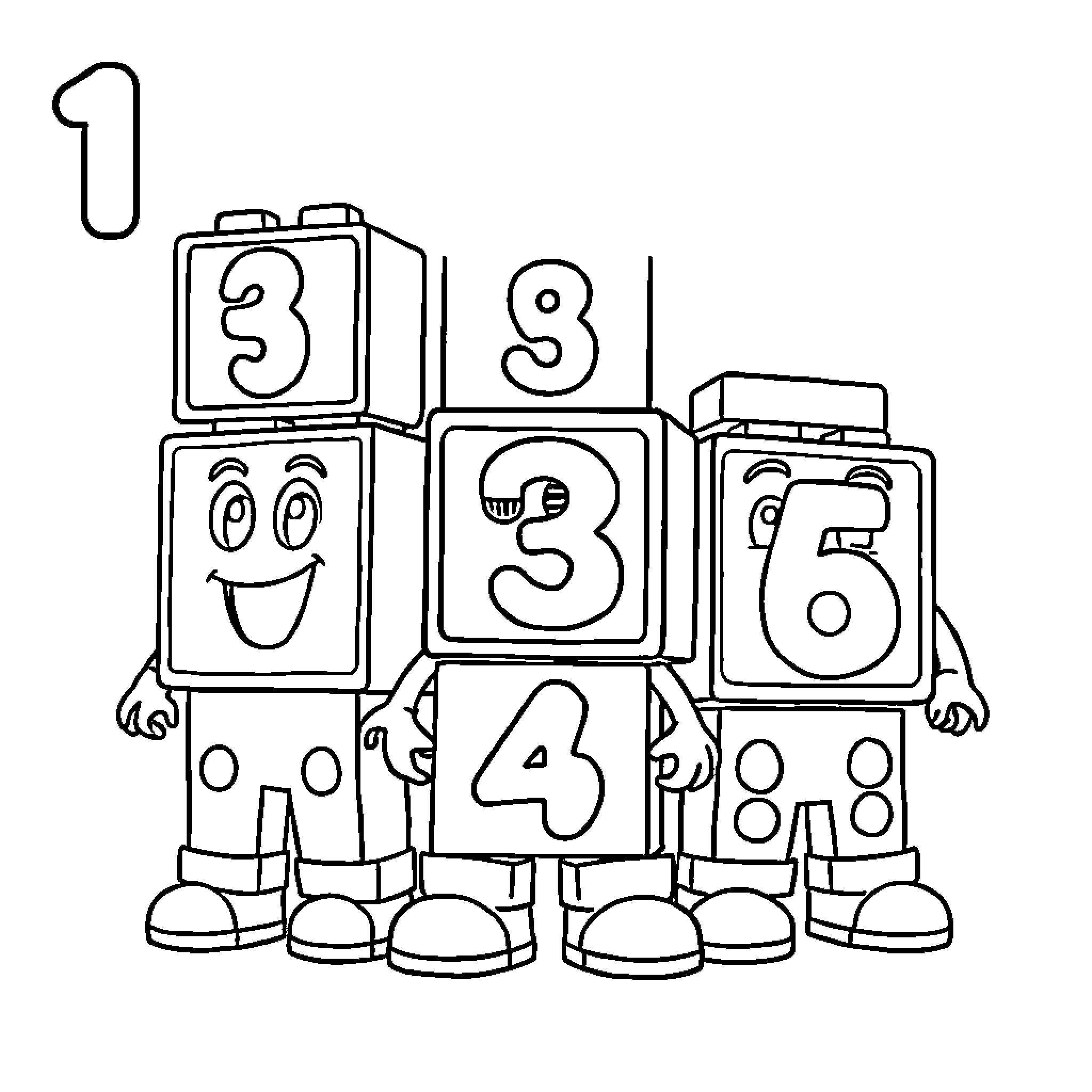 Numberblocks characters posing together Coloring Page (free black-and-white line drawing printable PDF for all, from beginners to advanced learners, including children, teens, adults, and seniors)