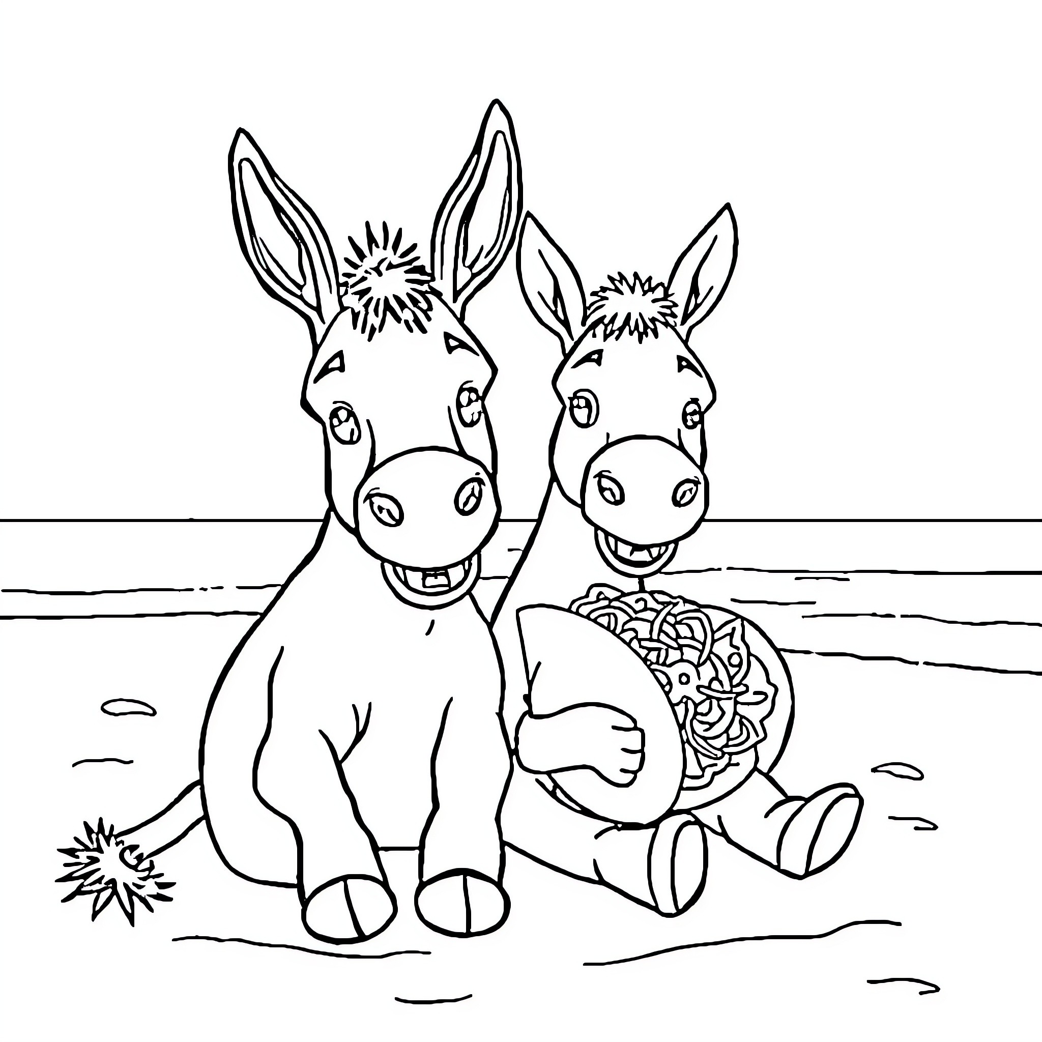 Donkeys posing cheerfully in a field Coloring Page (free black-and-white line drawing printable PDF for all, from beginners to advanced learners, including children, teens, adults, and seniors)