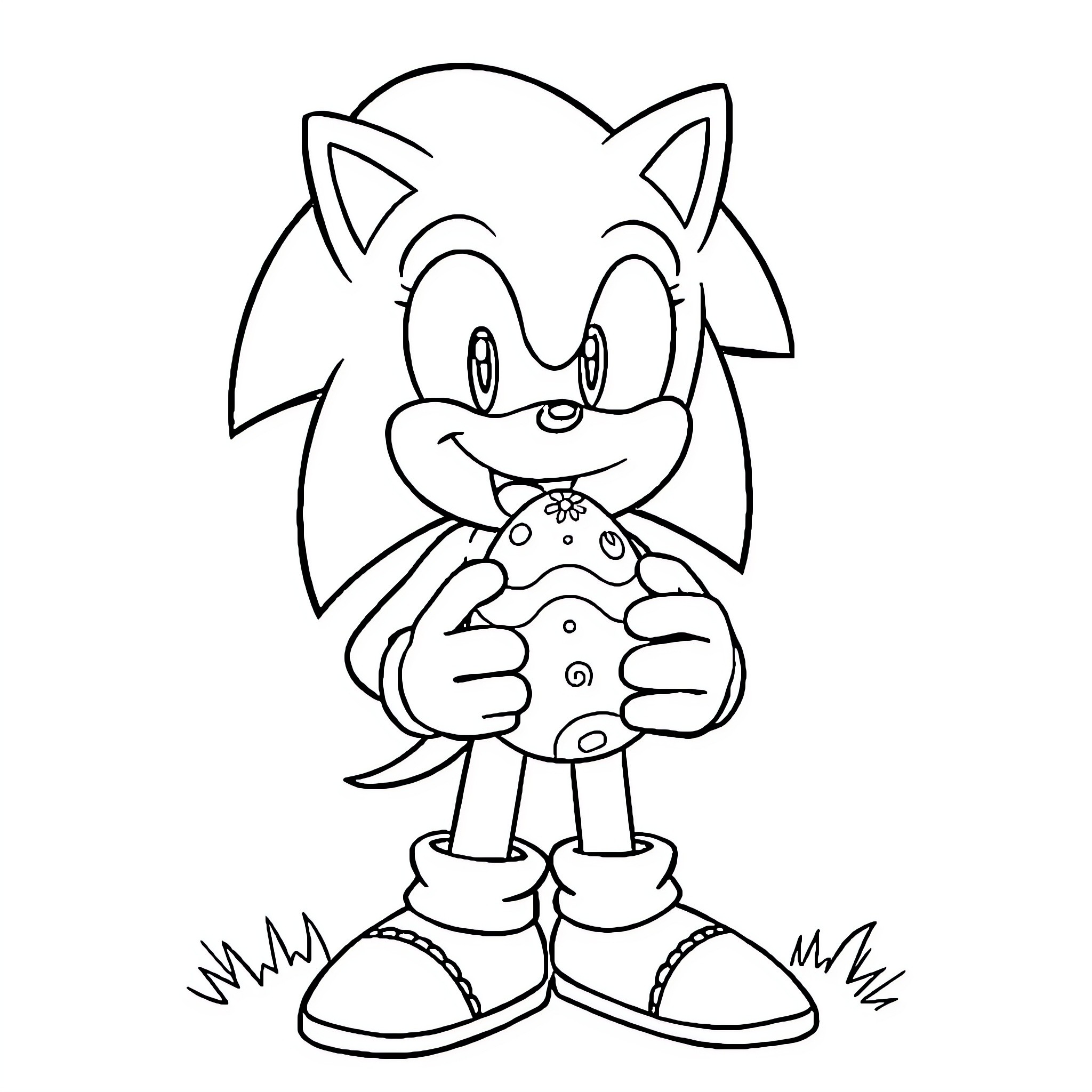 Sonic enjoying a delicious cookie Coloring Page (free black-and-white line drawing printable PDF for all, from beginners to advanced learners, including children, teens, adults, and seniors)