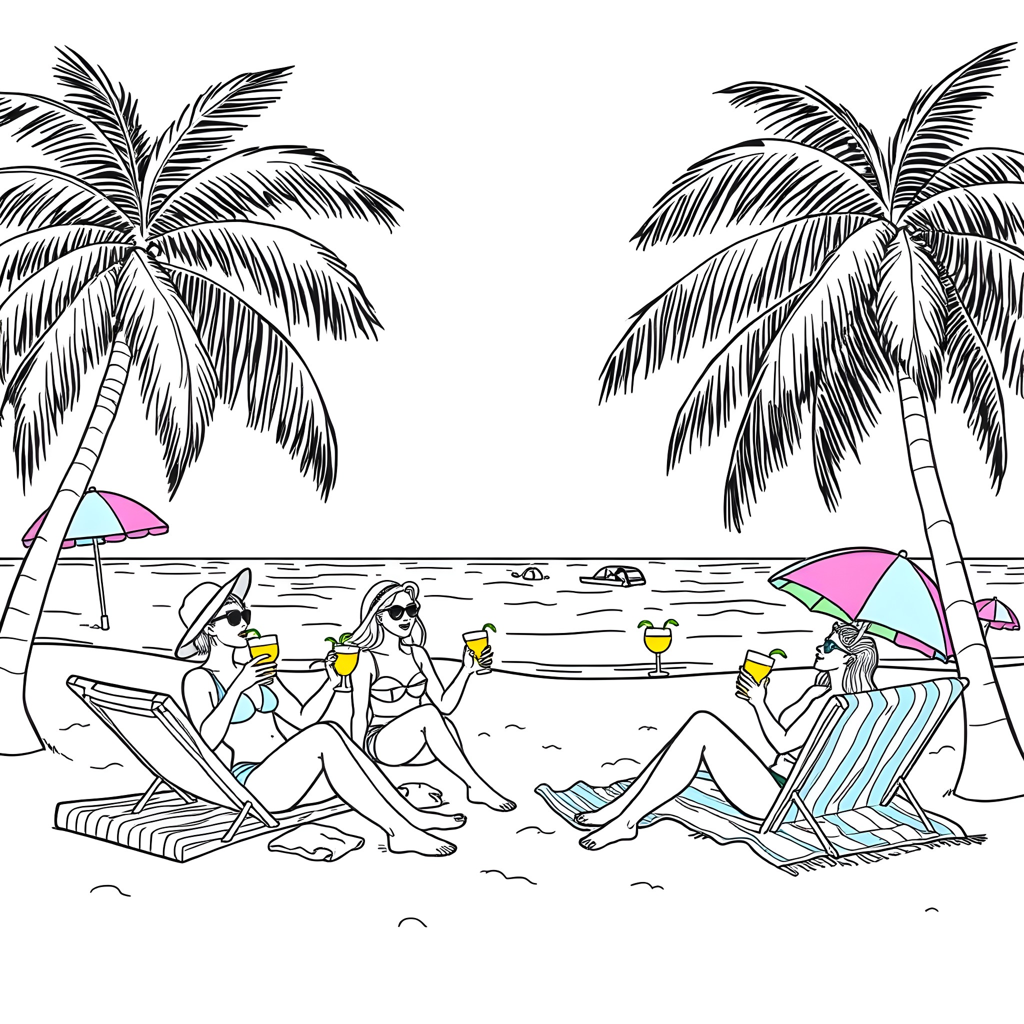 Beach scene with people relaxing under palm trees Coloring Page (free black-and-white line drawing printable PDF for all, from beginners to advanced learners, including children, teens, adults, and seniors)