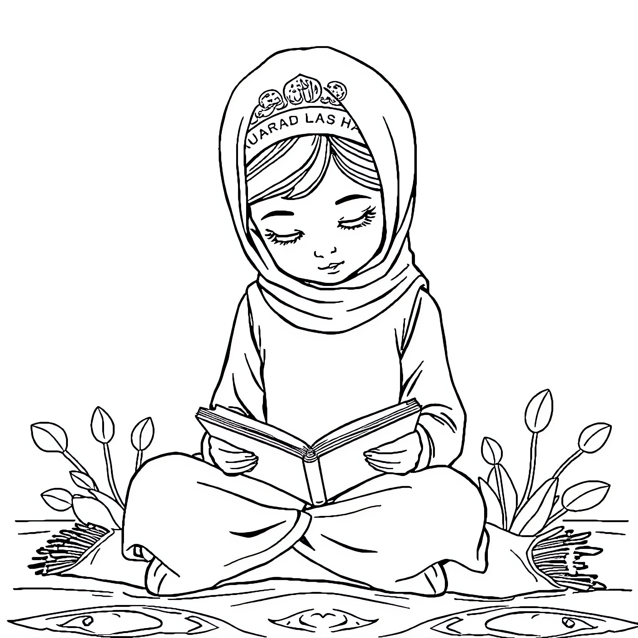 Girl reading a book surrounded by flowers Coloring Page (free black-and-white line drawing printable PDF for all, from beginners to advanced learners, including children, teens, adults, and seniors)