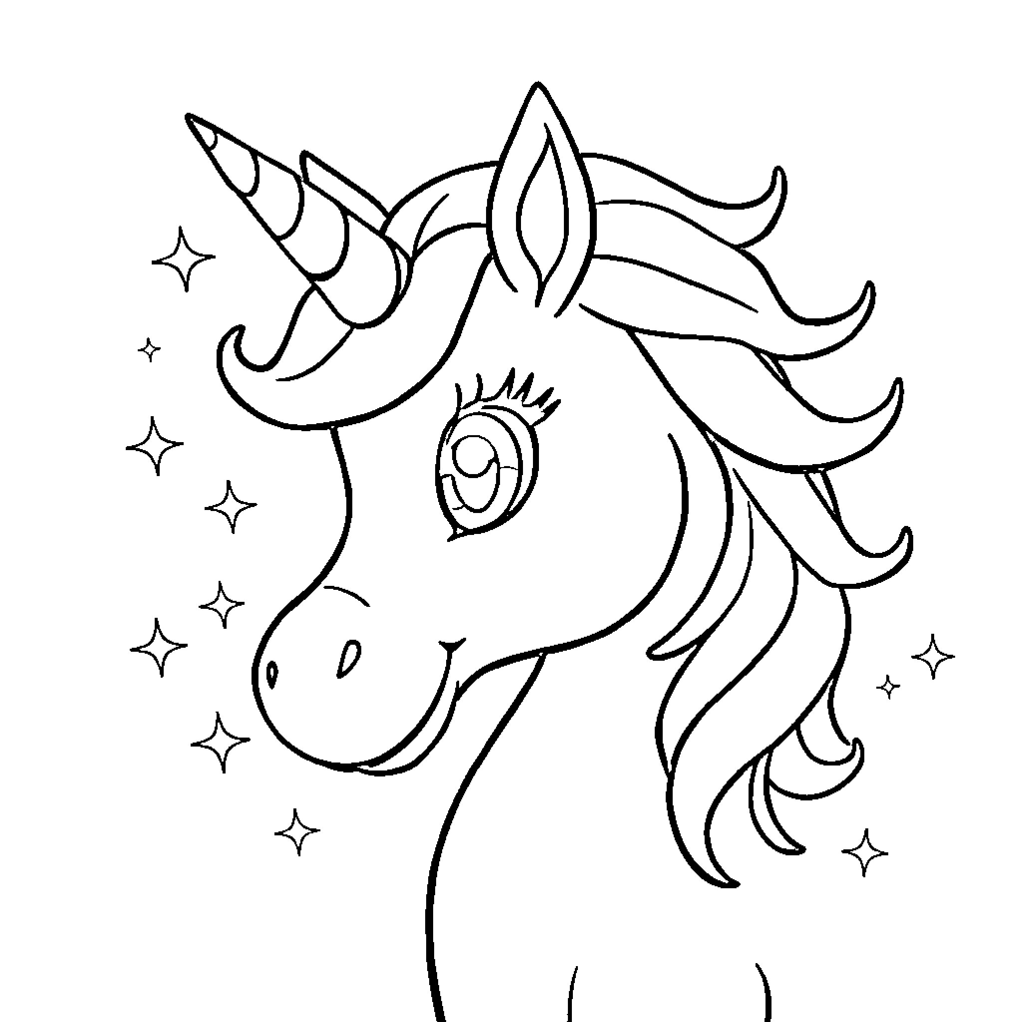 Unicorn with Magical Flowing Mane and Starry Surroundings Coloring Page (free black-and-white line drawing printable PDF for all, from beginners to advanced learners, including children, teens, adults, and seniors)