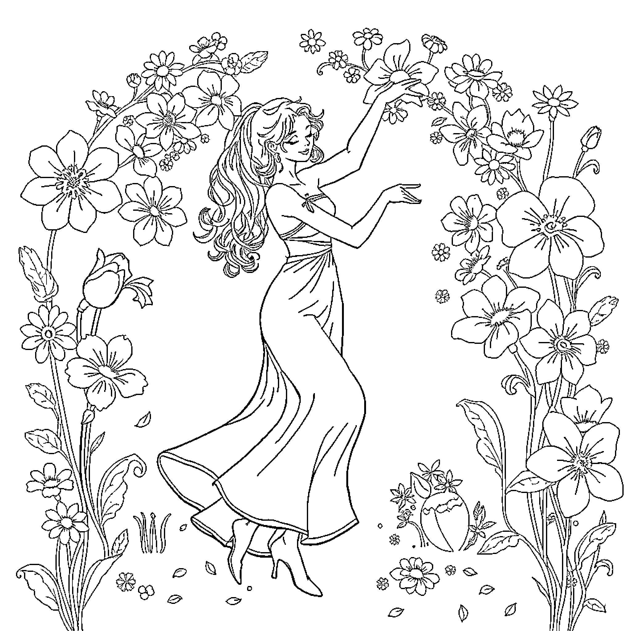 Donkey Woman dancing amidst floral splendor Coloring Page (free black-and-white line drawing printable PDF for all, from beginners to advanced learners, including children, teens, adults, and seniors)