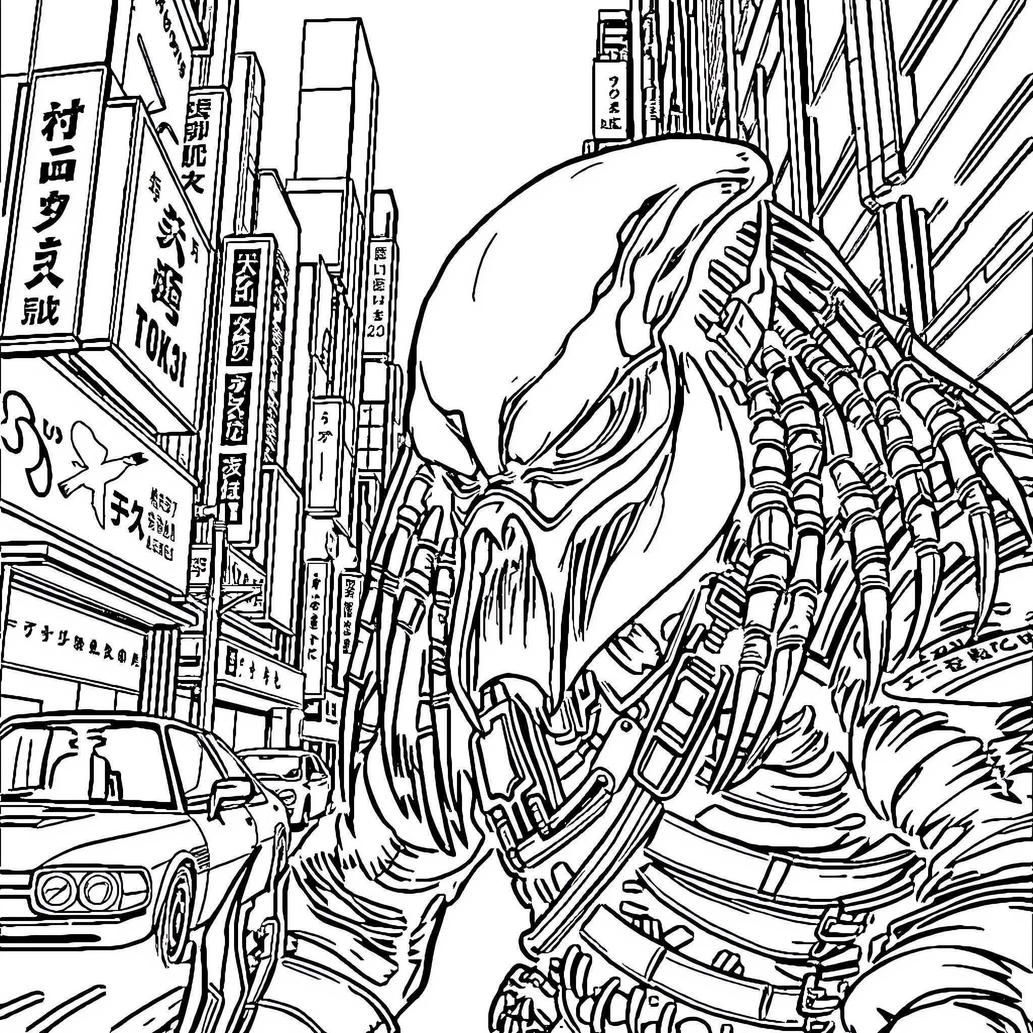 Predator unleashing mayhem in the city Coloring Page (free black-and-white line drawing printable PDF for all, from beginners to advanced learners, including children, teens, adults, and seniors)