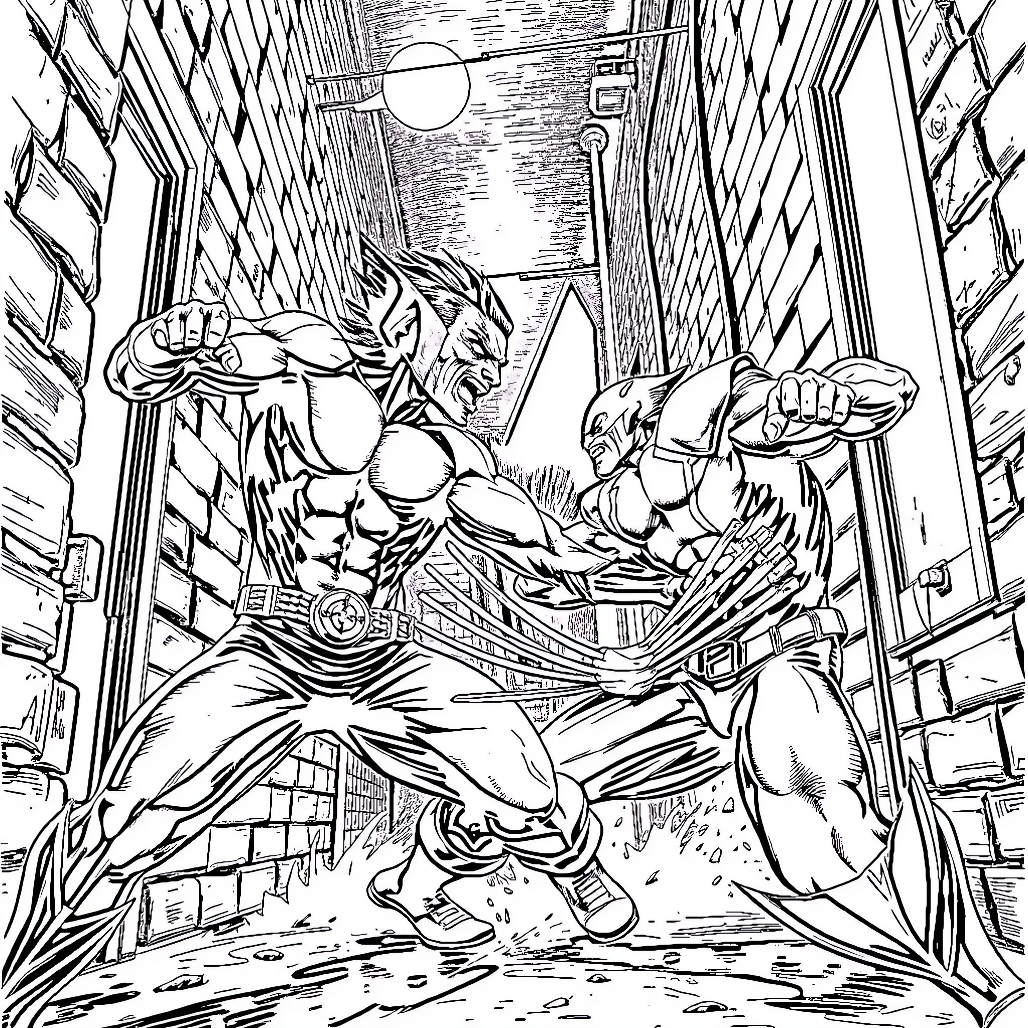 Nightcrawler confronts a formidable opponent in an urban setting Coloring Page (free black-and-white line drawing printable PDF for all, from beginners to advanced learners, including children, teens, adults, and seniors)