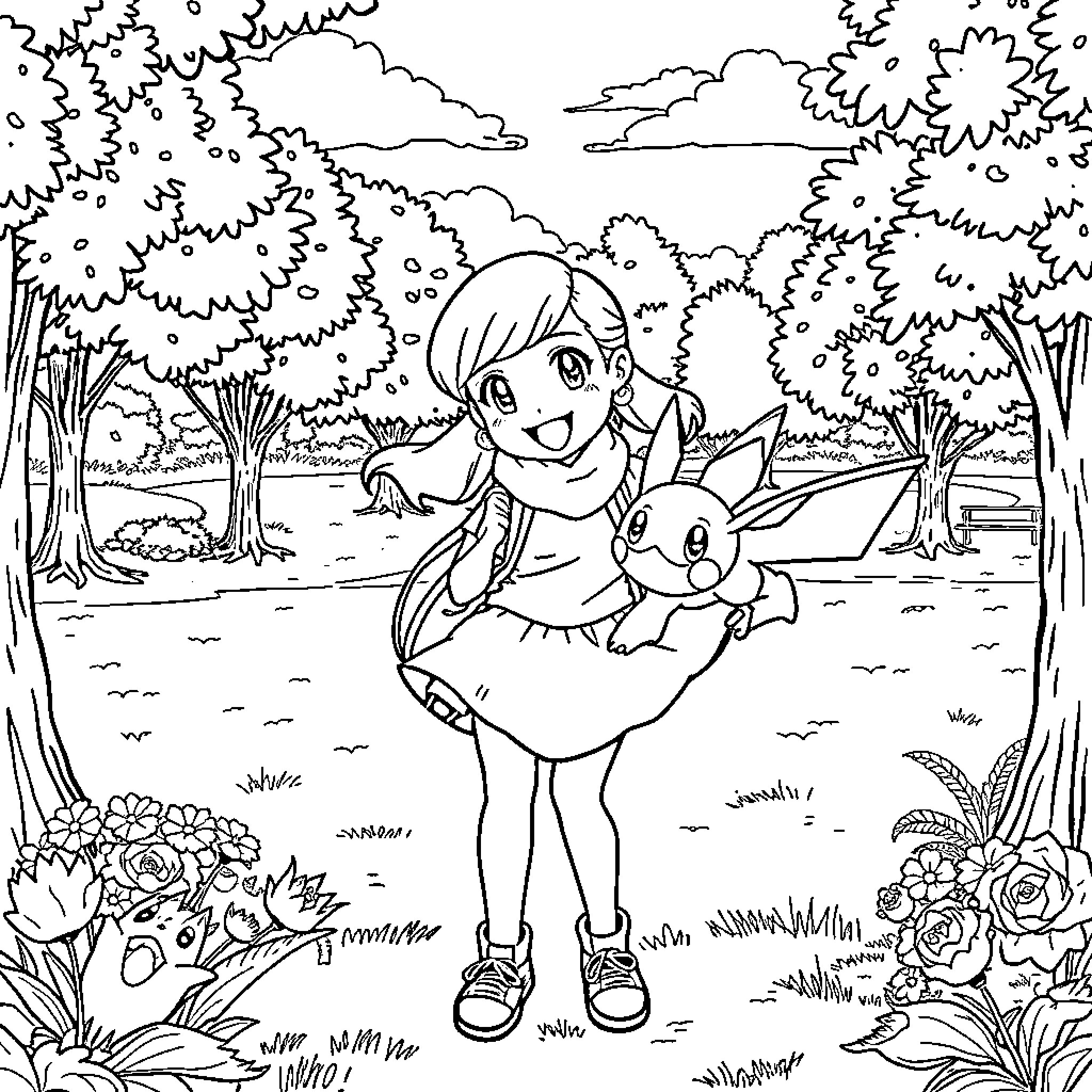 Girl exploring nature with her animal companion Coloring Page (free black-and-white line drawing printable PDF for all, from beginners to advanced learners, including children, teens, adults, and seniors)