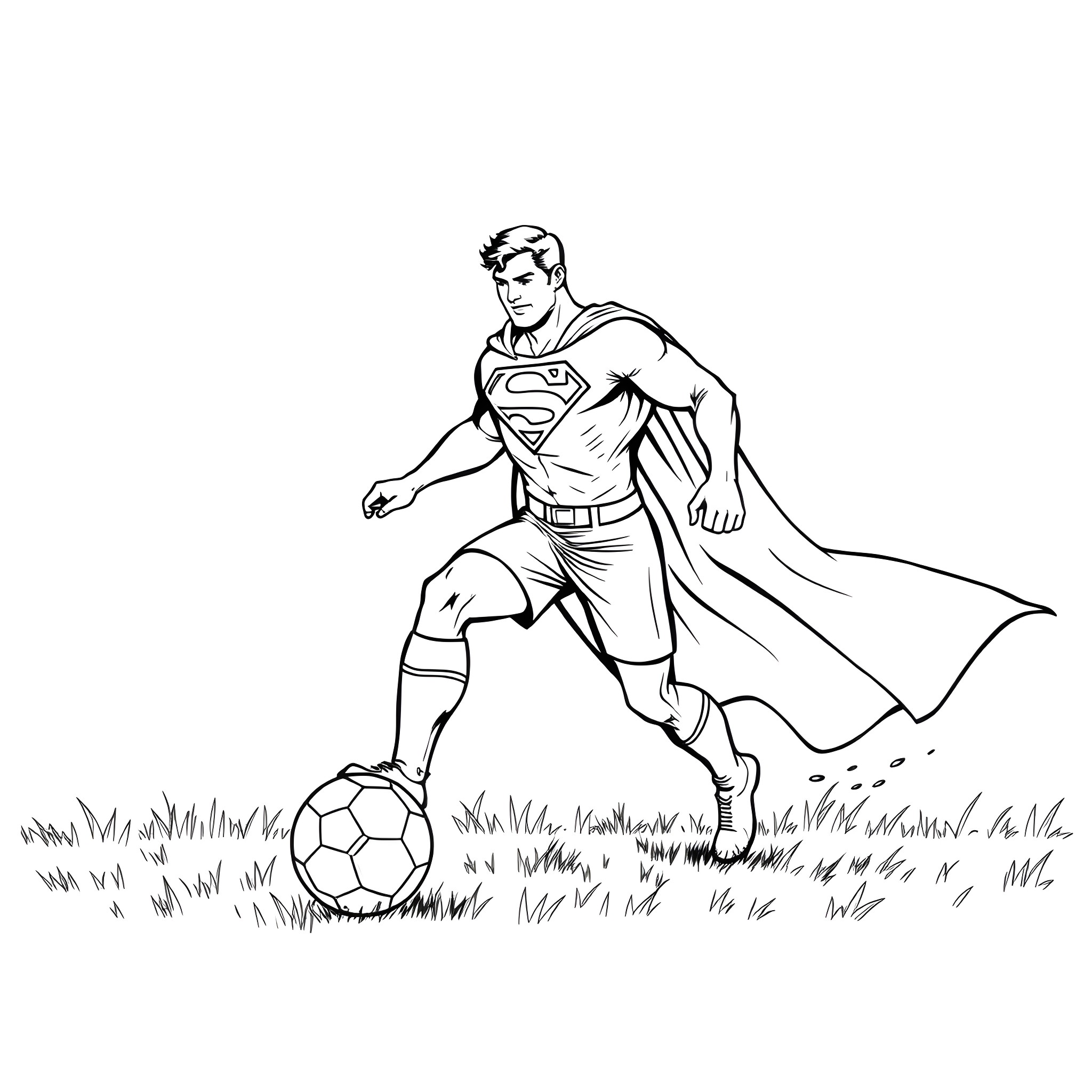 Superman playing soccer in the field Coloring Page (free black-and-white line drawing printable PDF for all, from beginners to advanced learners, including children, teens, adults, and seniors)