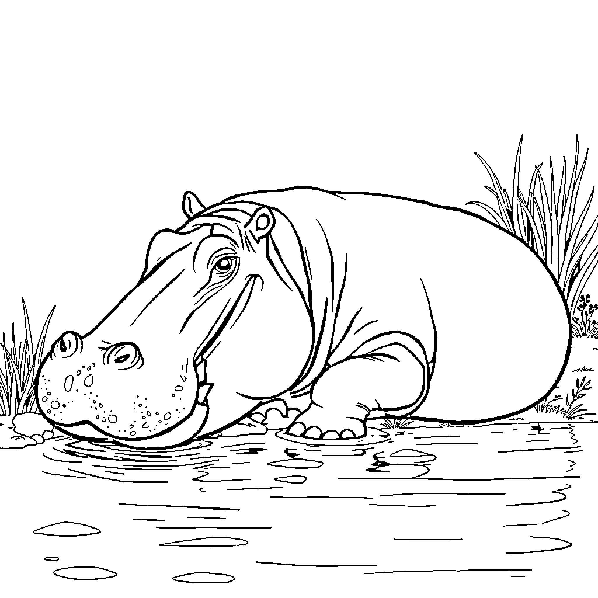 Hippopotamus resting in the water Coloring Page (free black-and-white line drawing printable PDF for all, from beginners to advanced learners, including children, teens, adults, and seniors)