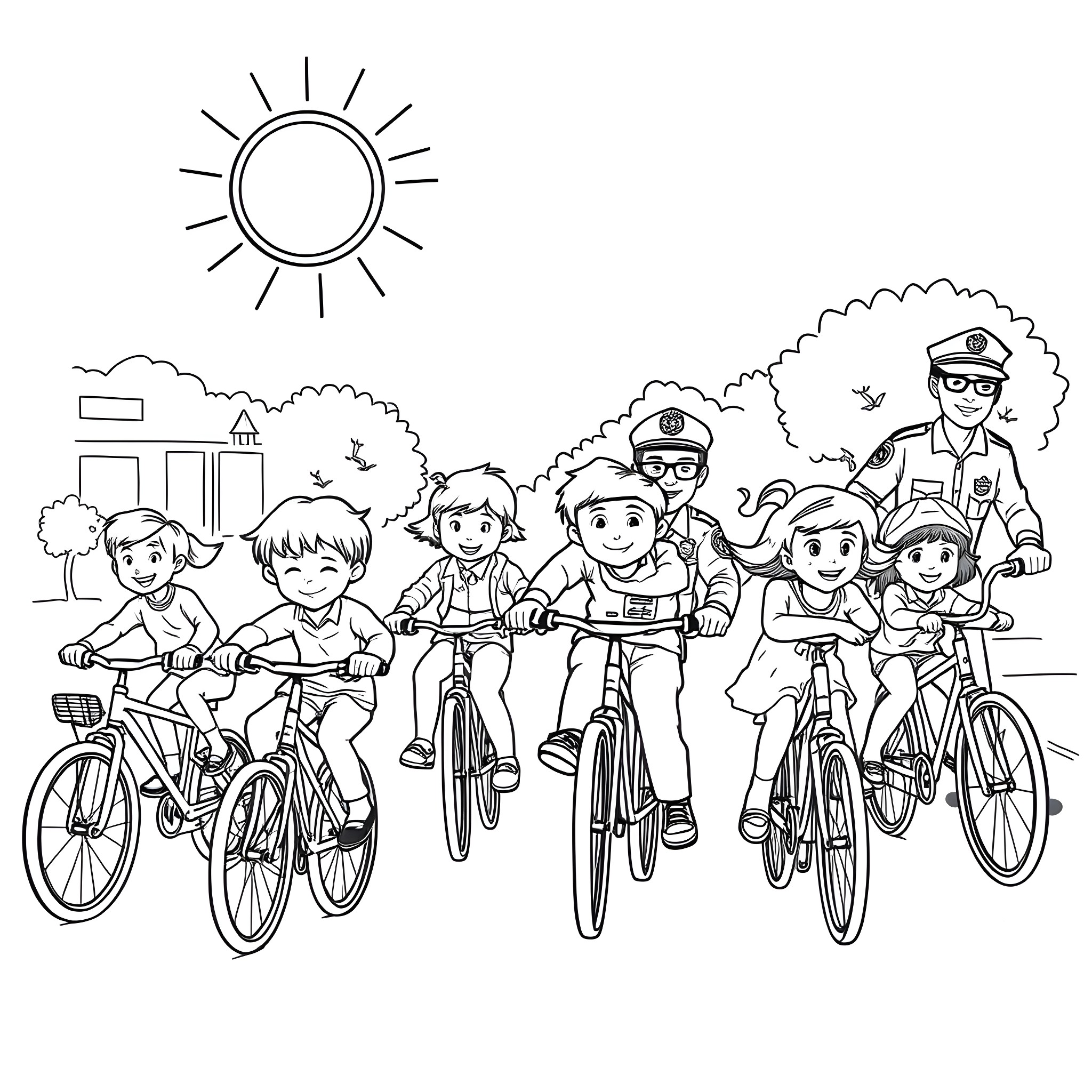 Bicycle ride with a group of happy children Coloring Page (free black-and-white line drawing printable PDF for all, from beginners to advanced learners, including children, teens, adults, and seniors)