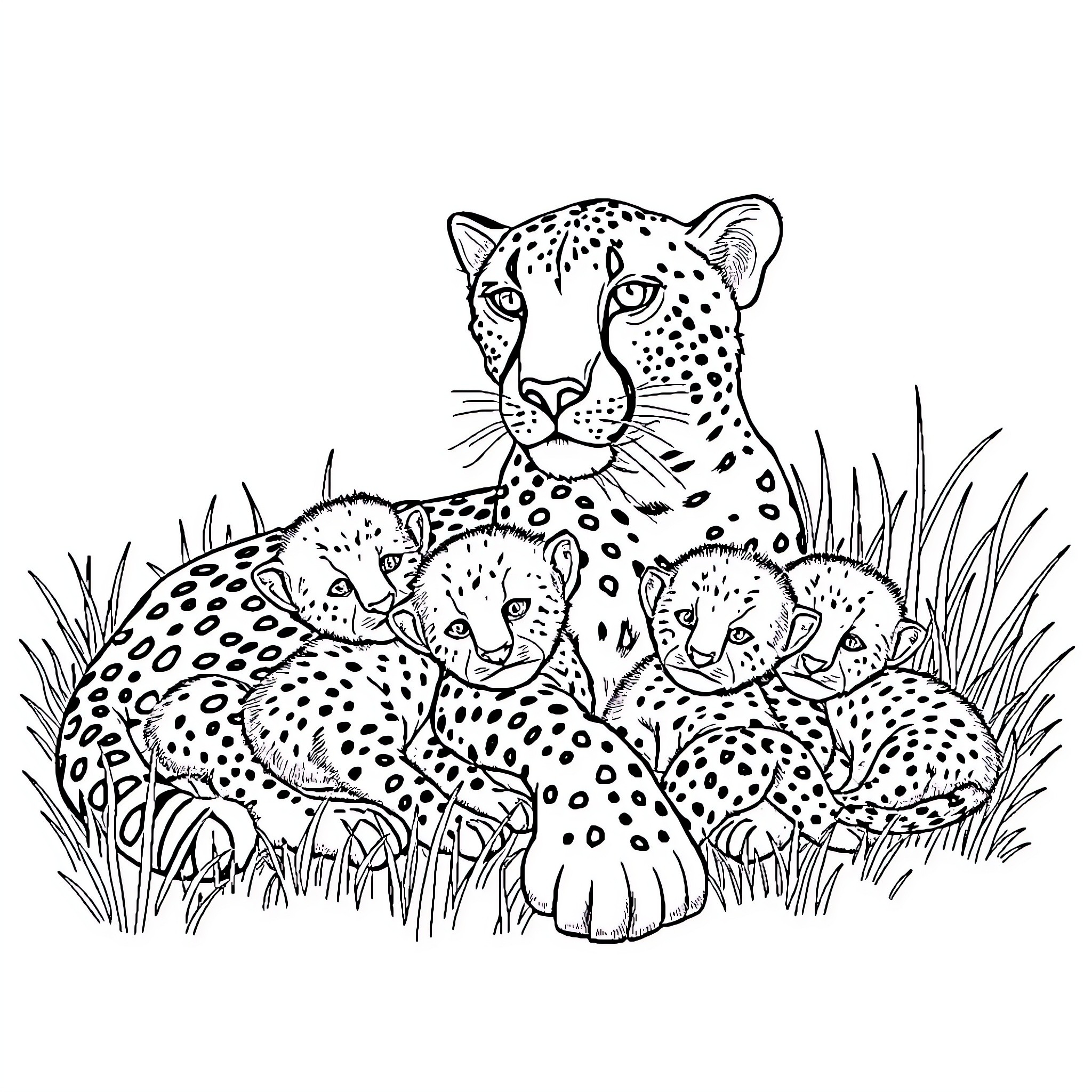 Cheetah family resting in the wild Coloring Page (free black-and-white line drawing printable PDF for all, from beginners to advanced learners, including children, teens, adults, and seniors)