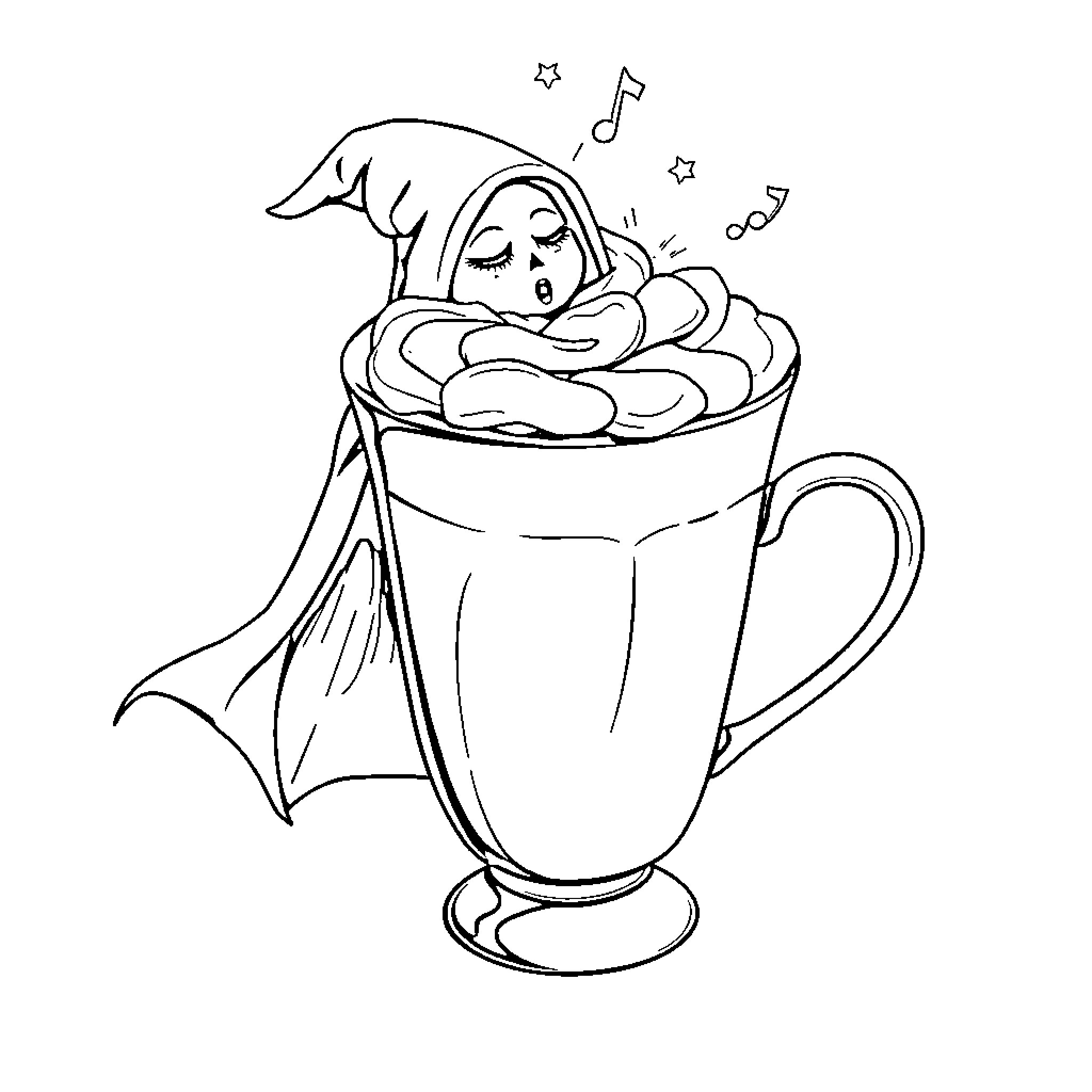 Cappuccino with a Joyful Creature Coloring Page (free black-and-white line drawing printable PDF for all, from beginners to advanced learners, including children, teens, adults, and seniors)