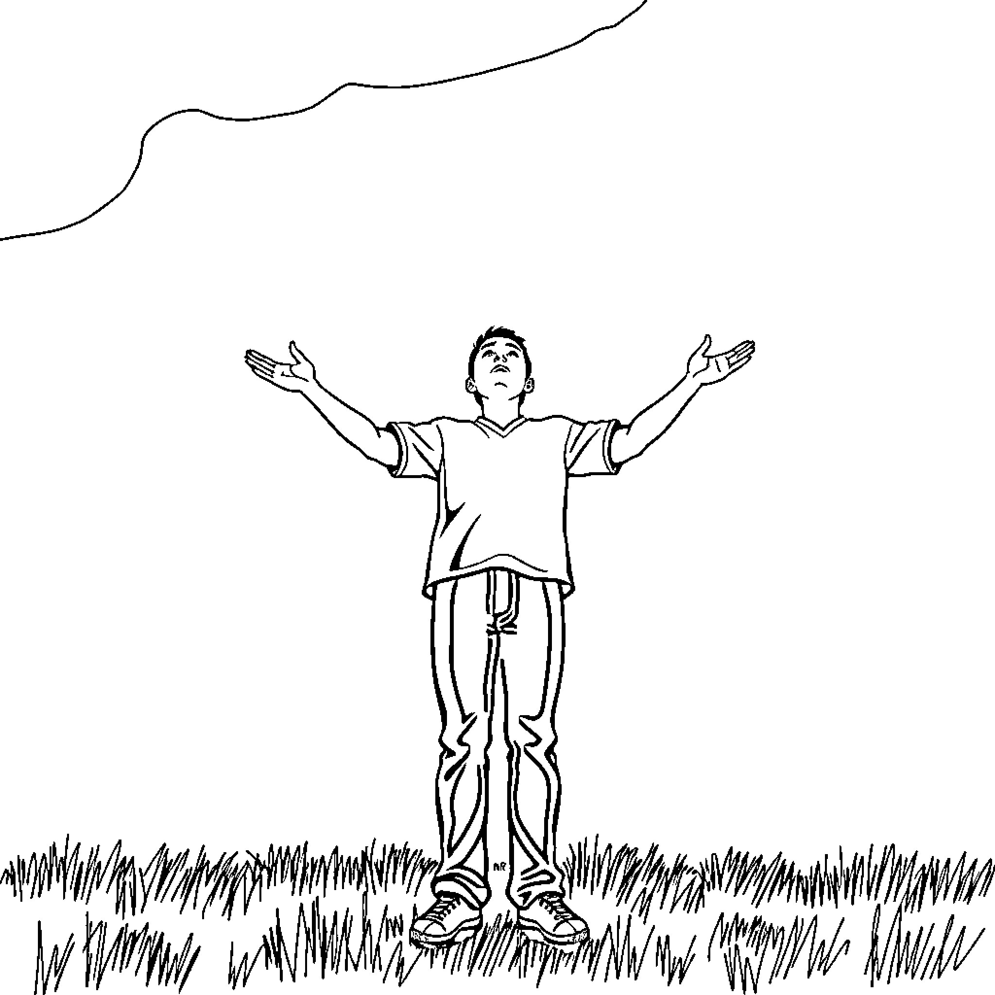 Hands raised in joy and celebration on the grass Coloring Page (free black-and-white line drawing printable PDF for all, from beginners to advanced learners, including children, teens, adults, and seniors)