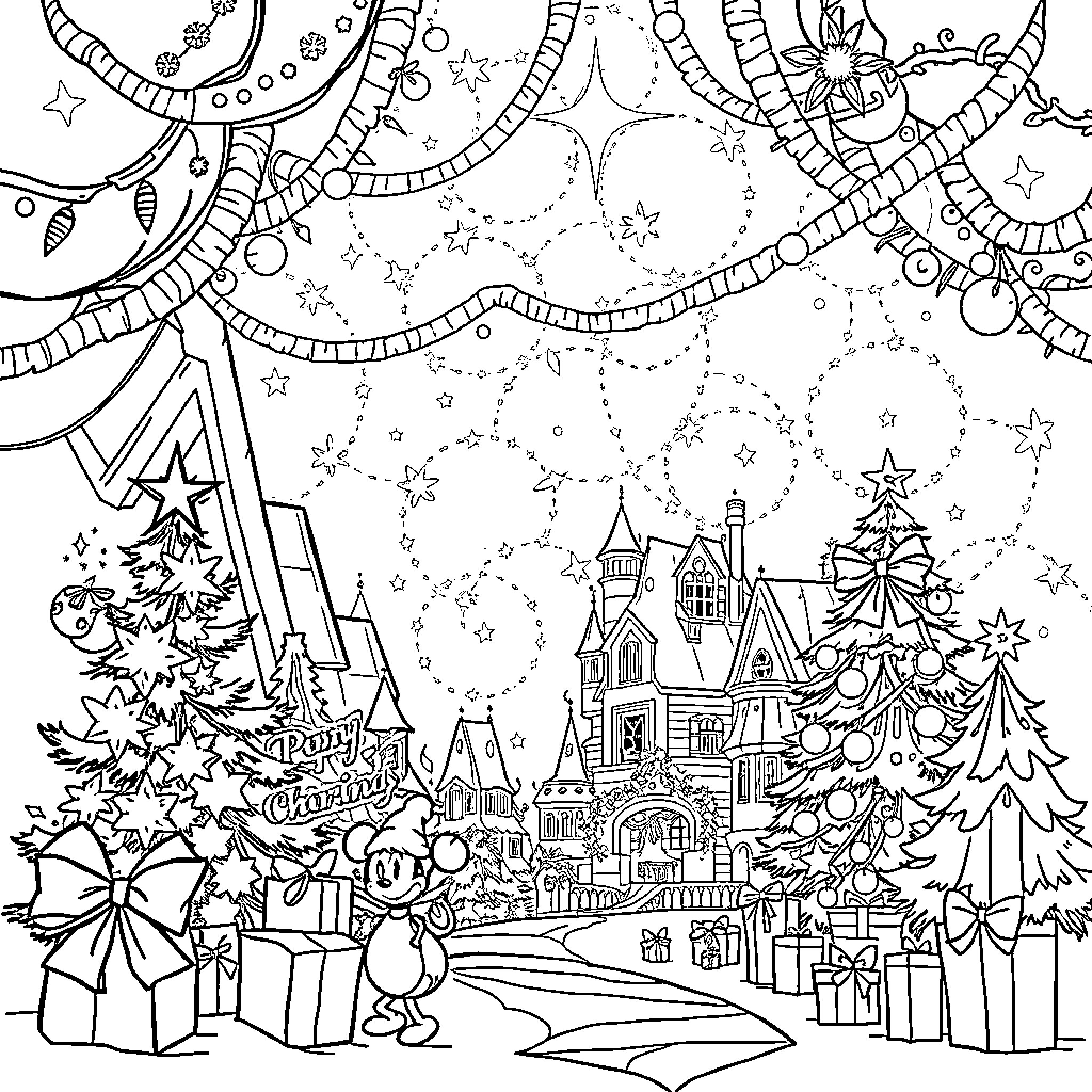 Disney's Winter Wonderland Adventure Coloring Page (free black-and-white line drawing printable PDF for all, from beginners to advanced learners, including children, teens, adults, and seniors)