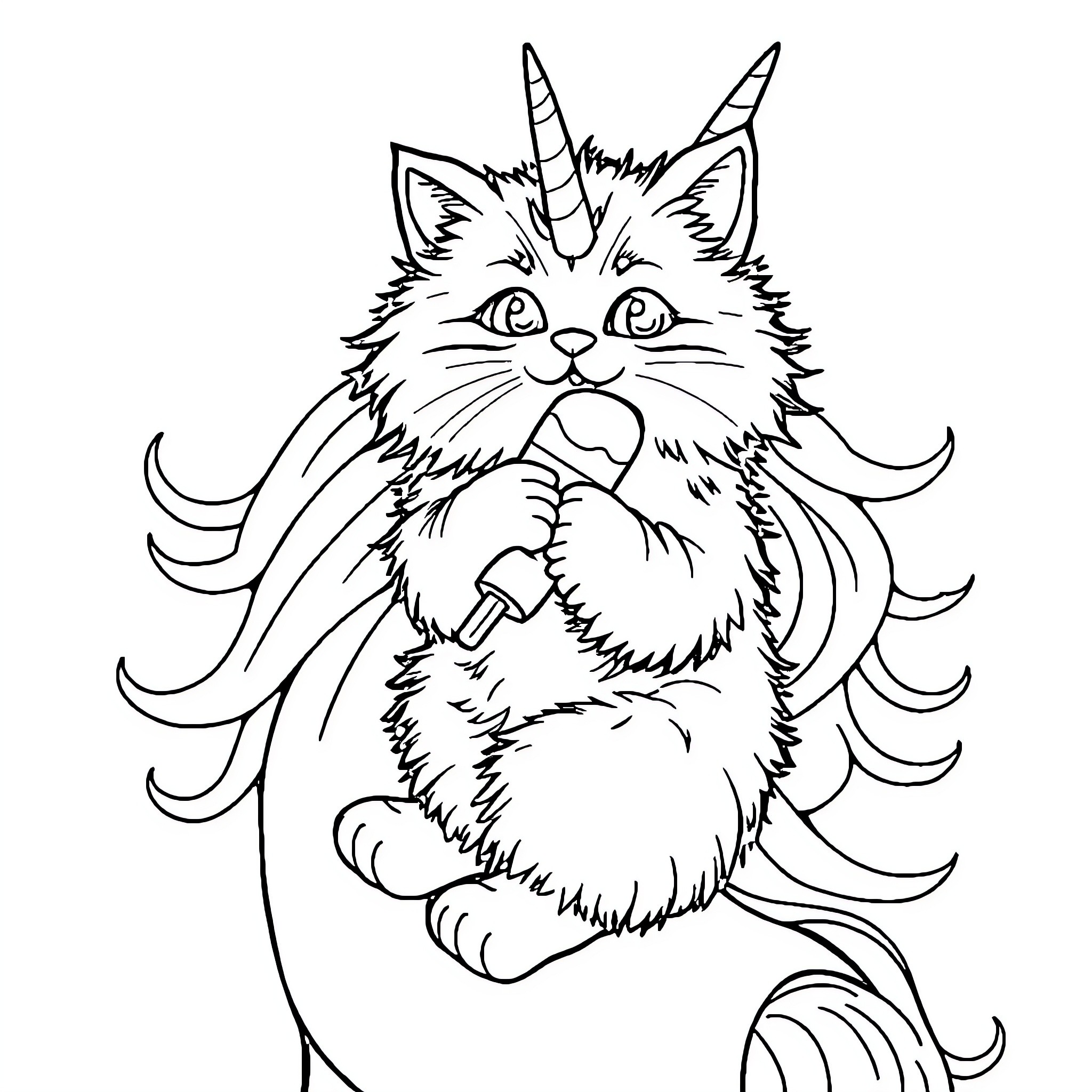 Cat with fluffy appearance and unique features Coloring Page (free black-and-white line drawing printable PDF for all, from beginners to advanced learners, including children, teens, adults, and seniors)