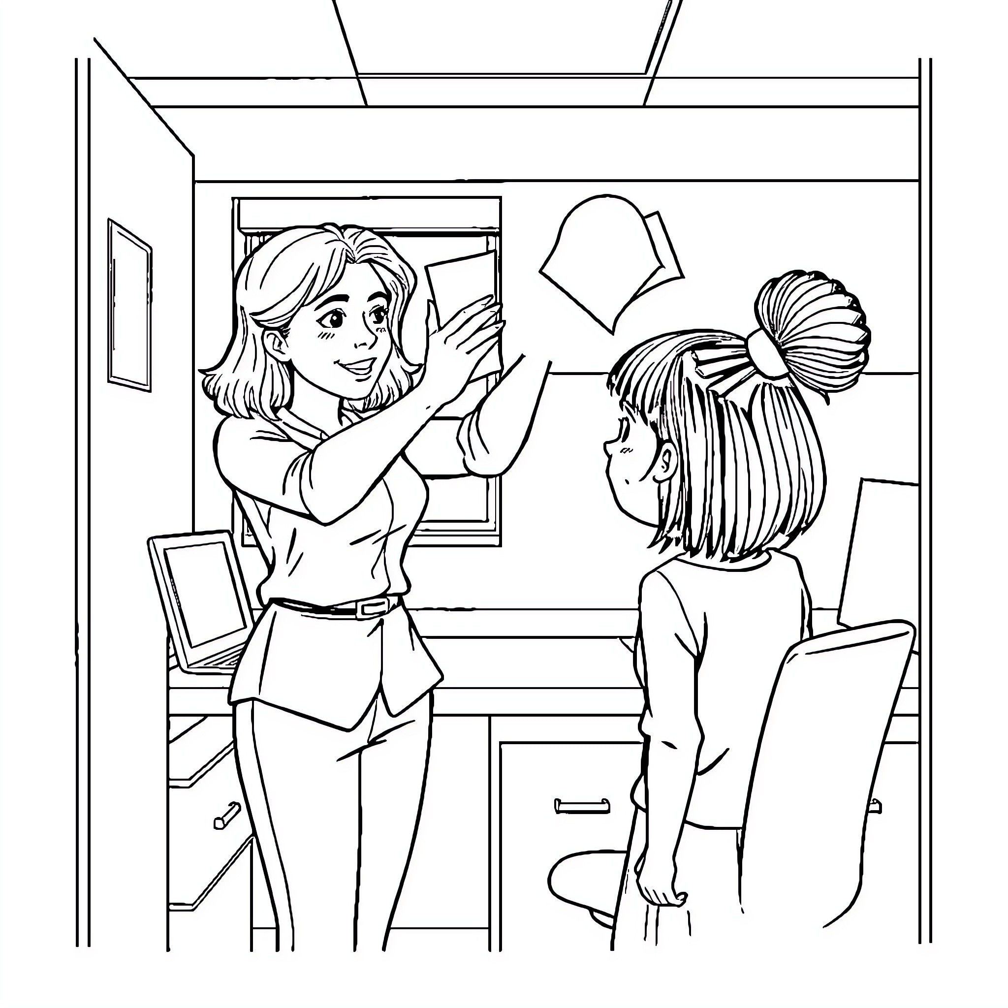 Woman helping young girl get ready in bedroom Coloring Page (free black-and-white line drawing printable PDF for all, from beginners to advanced learners, including children, teens, adults, and seniors)