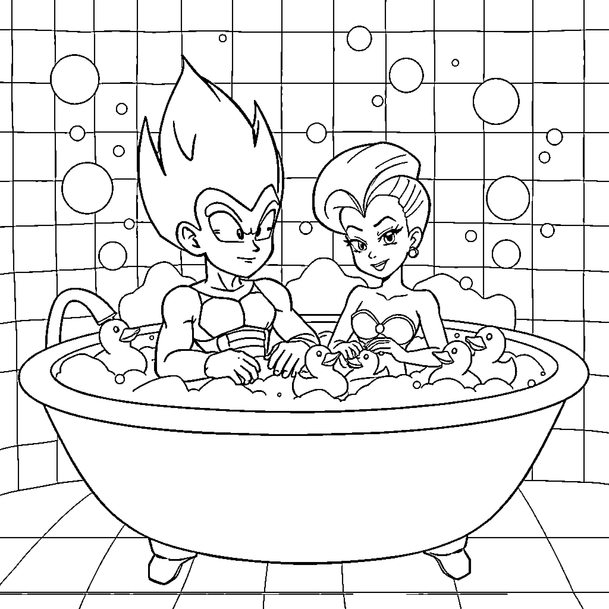 Vegeta and Bulma enjoying a relaxing bath Coloring Page (free black-and-white line drawing printable PDF for all, from beginners to advanced learners, including children, teens, adults, and seniors)