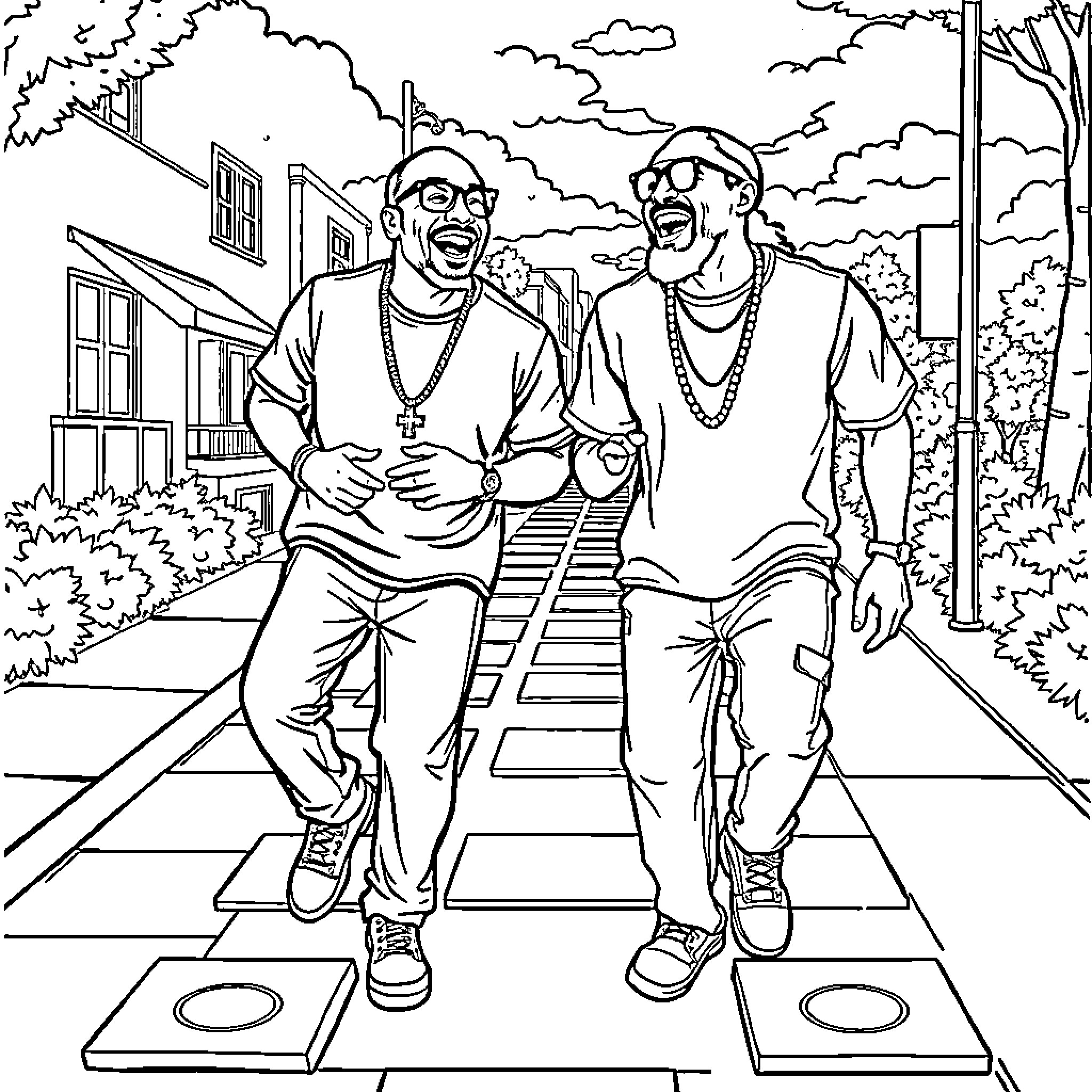 Mr T and Friend Strolling Through the Neighborhood Coloring Page (free black-and-white line drawing printable PDF for all, from beginners to advanced learners, including children, teens, adults, and seniors)