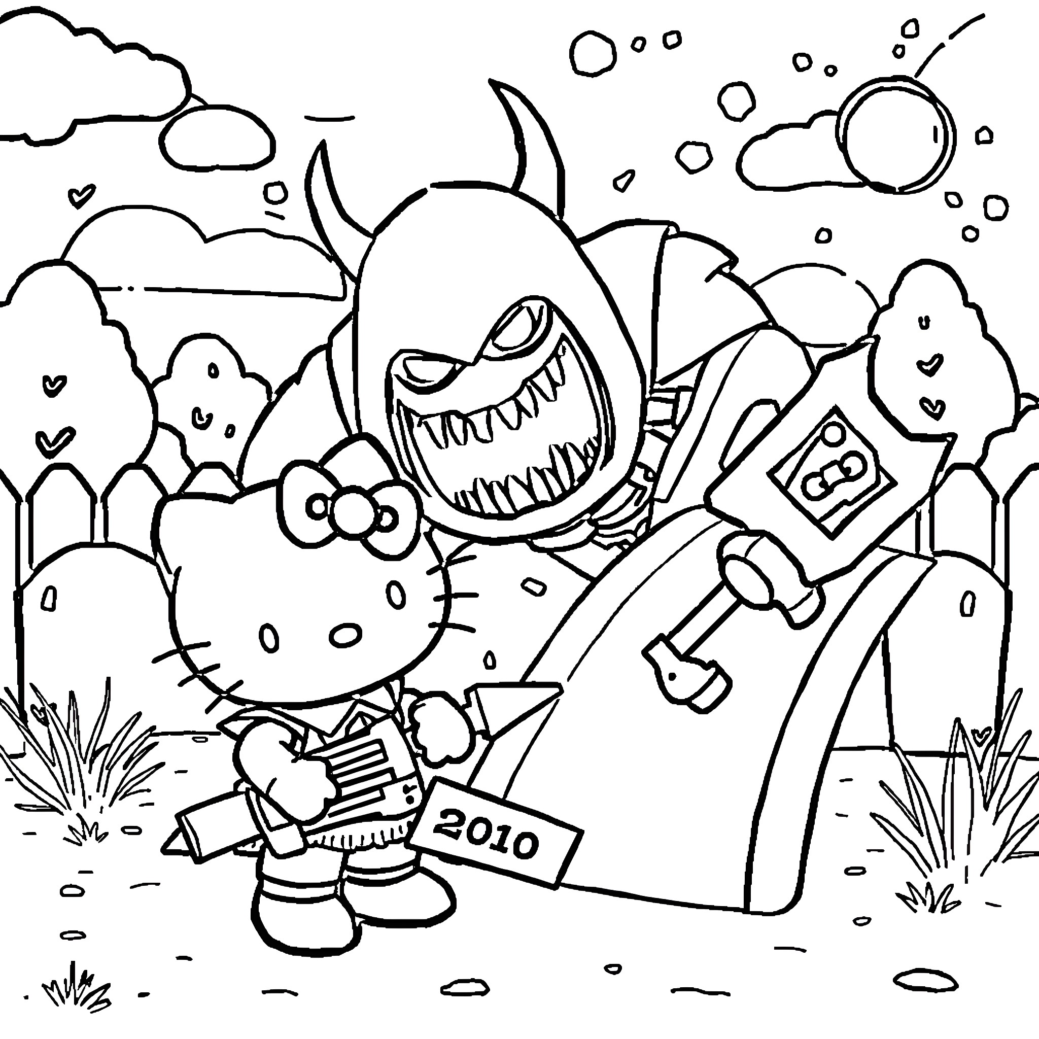 Hello Kitty encounters spooky monsters in a fantasy landscape Coloring Page (free black-and-white line drawing printable PDF for all, from beginners to advanced learners, including children, teens, adults, and seniors)
