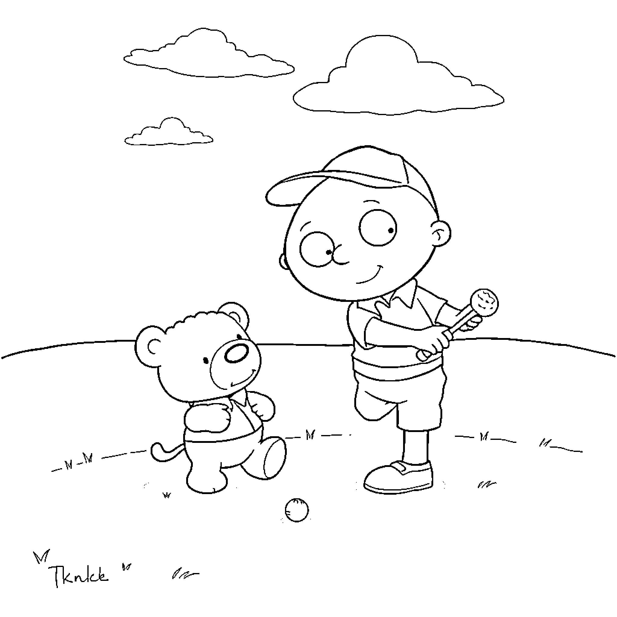 Stewie Griffin playing baseball with his teddy bear Coloring Page (free black-and-white line drawing printable PDF for all, from beginners to advanced learners, including children, teens, adults, and seniors)