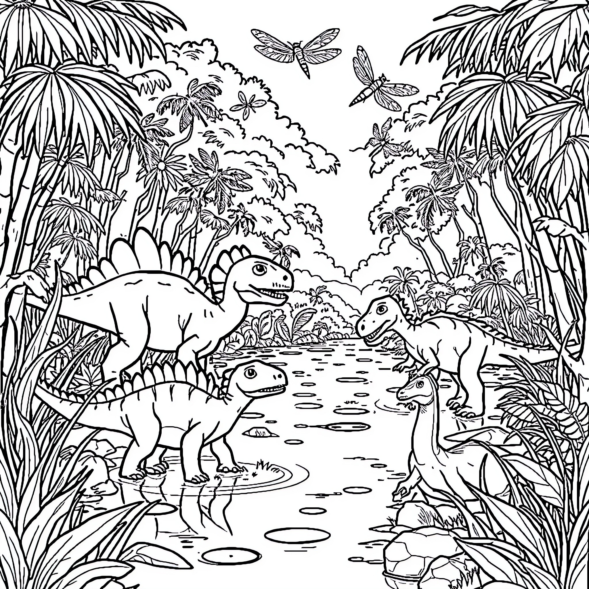 Dinosaurs playing in a prehistoric jungle landscape Coloring Page (free black-and-white line drawing printable PDF for all, from beginners to advanced learners, including children, teens, adults, and seniors)