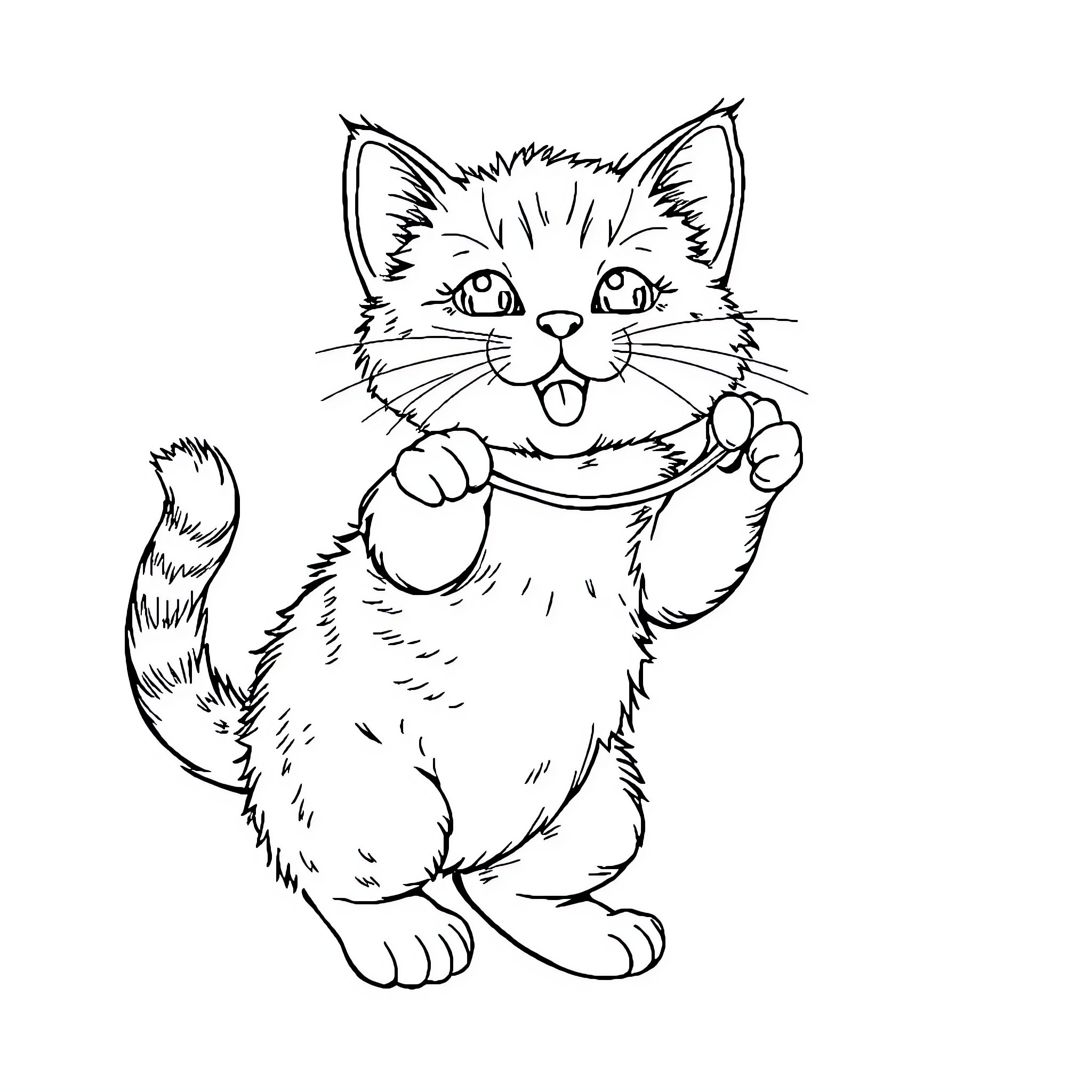 Cat happily playing with a toy Coloring Page (free black-and-white line drawing printable PDF for all, from beginners to advanced learners, including children, teens, adults, and seniors)