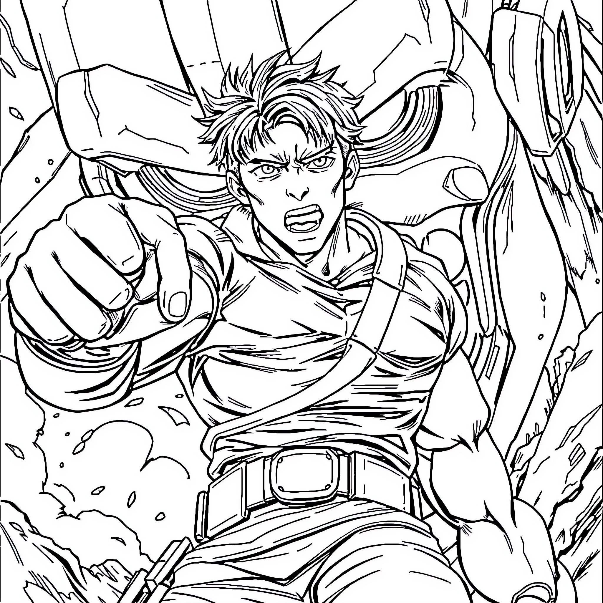 Eren Yeager's intense battle expression Coloring Page (free black-and-white line drawing printable PDF for all, from beginners to advanced learners, including children, teens, adults, and seniors)