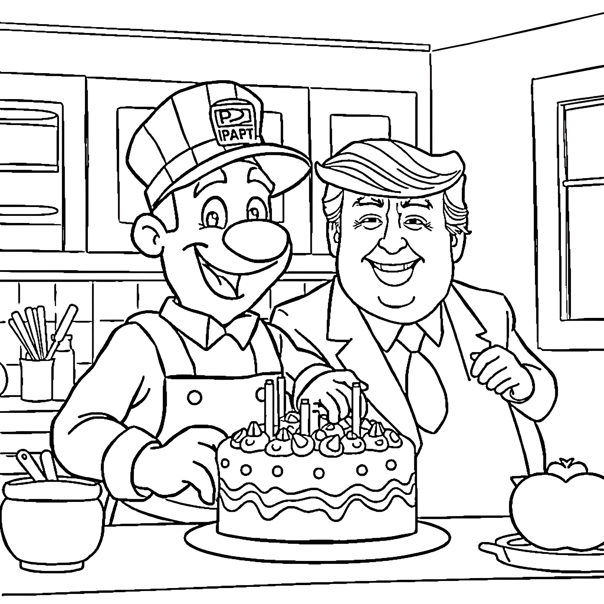 Postman Pat's Birthday Celebration with Donald Trump Coloring Page (free black-and-white line drawing printable PDF for all, from beginners to advanced learners, including children, teens, adults, and seniors)