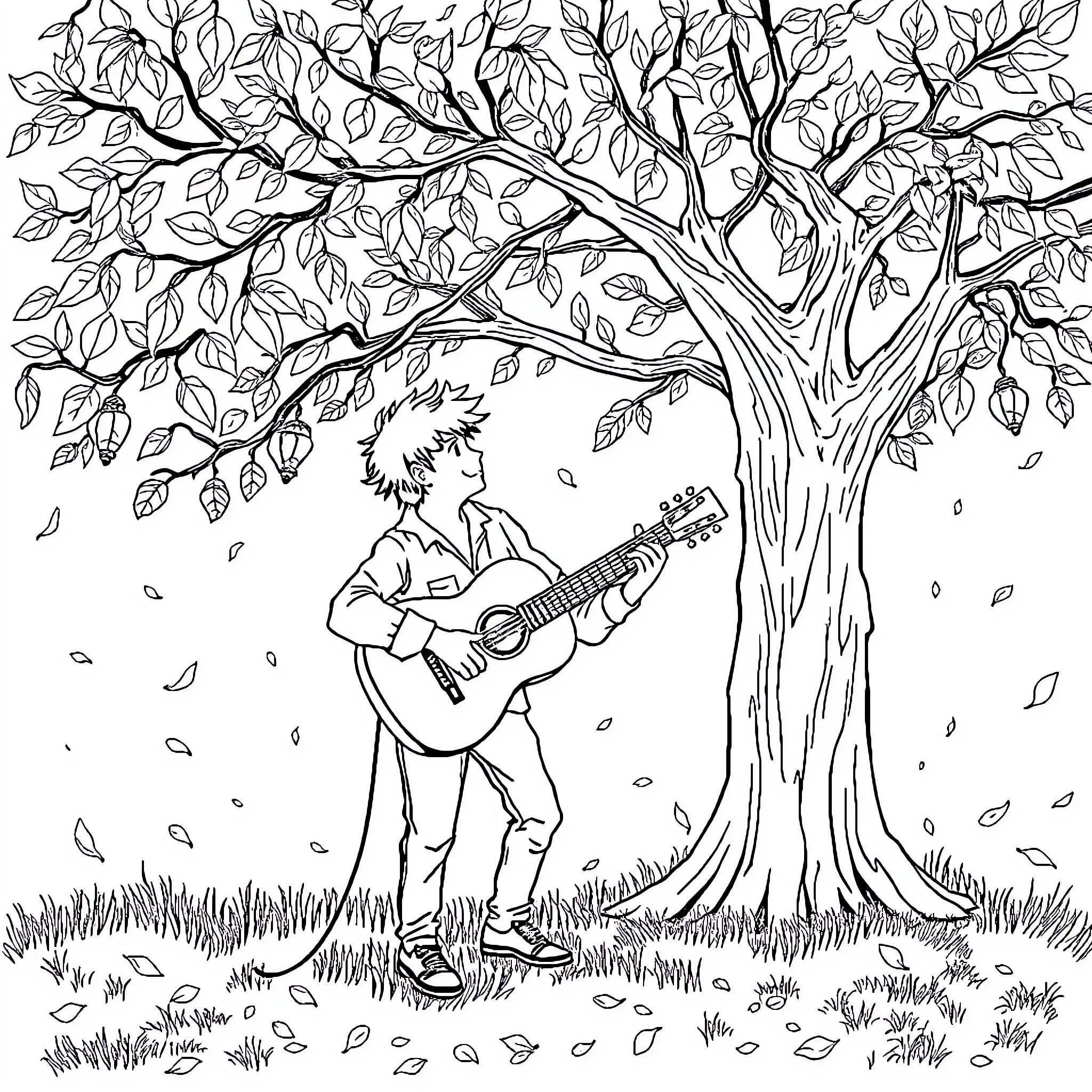Musician playing guitar under tree with leaves Coloring Page (free black-and-white line drawing printable PDF for all, from beginners to advanced learners, including children, teens, adults, and seniors)