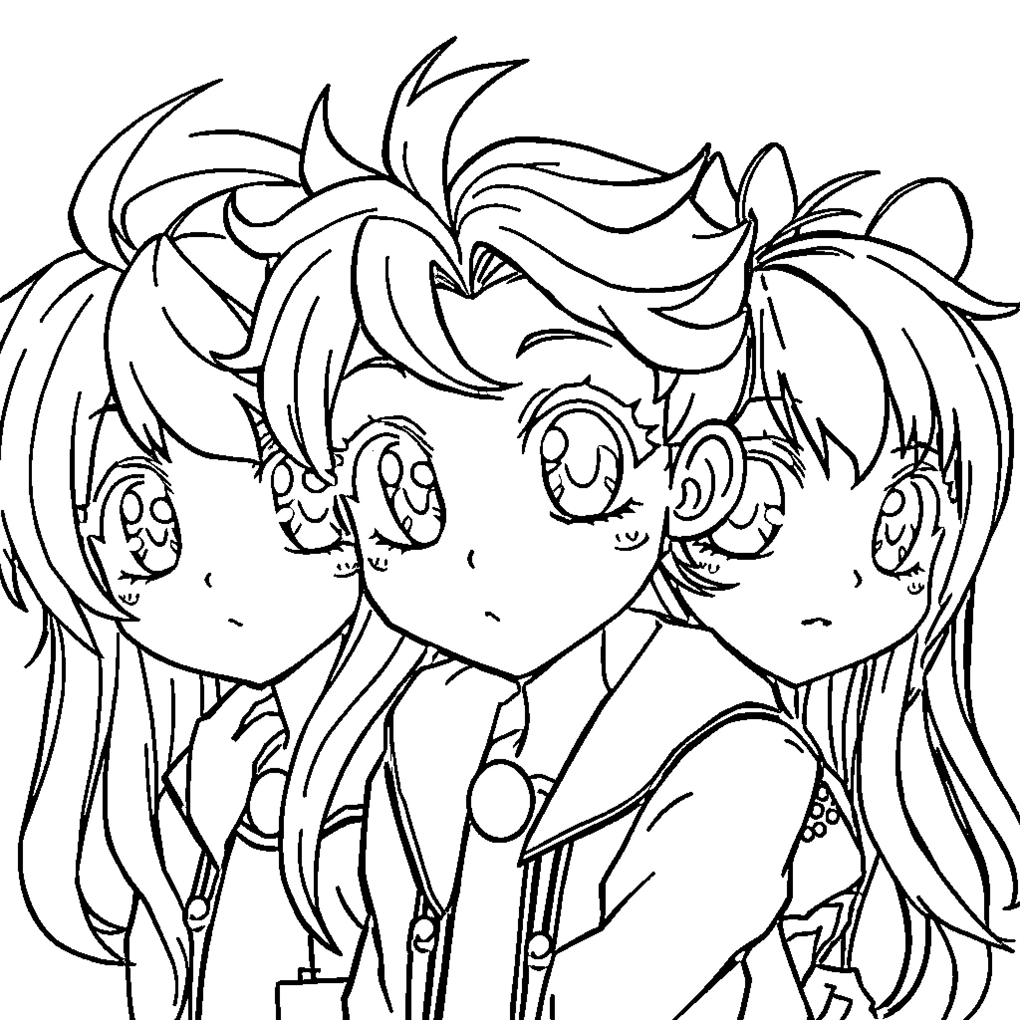 Anime trio of female characters in casual outfits Coloring Page (free black-and-white line drawing printable PDF for all, from beginners to advanced learners, including children, teens, adults, and seniors)