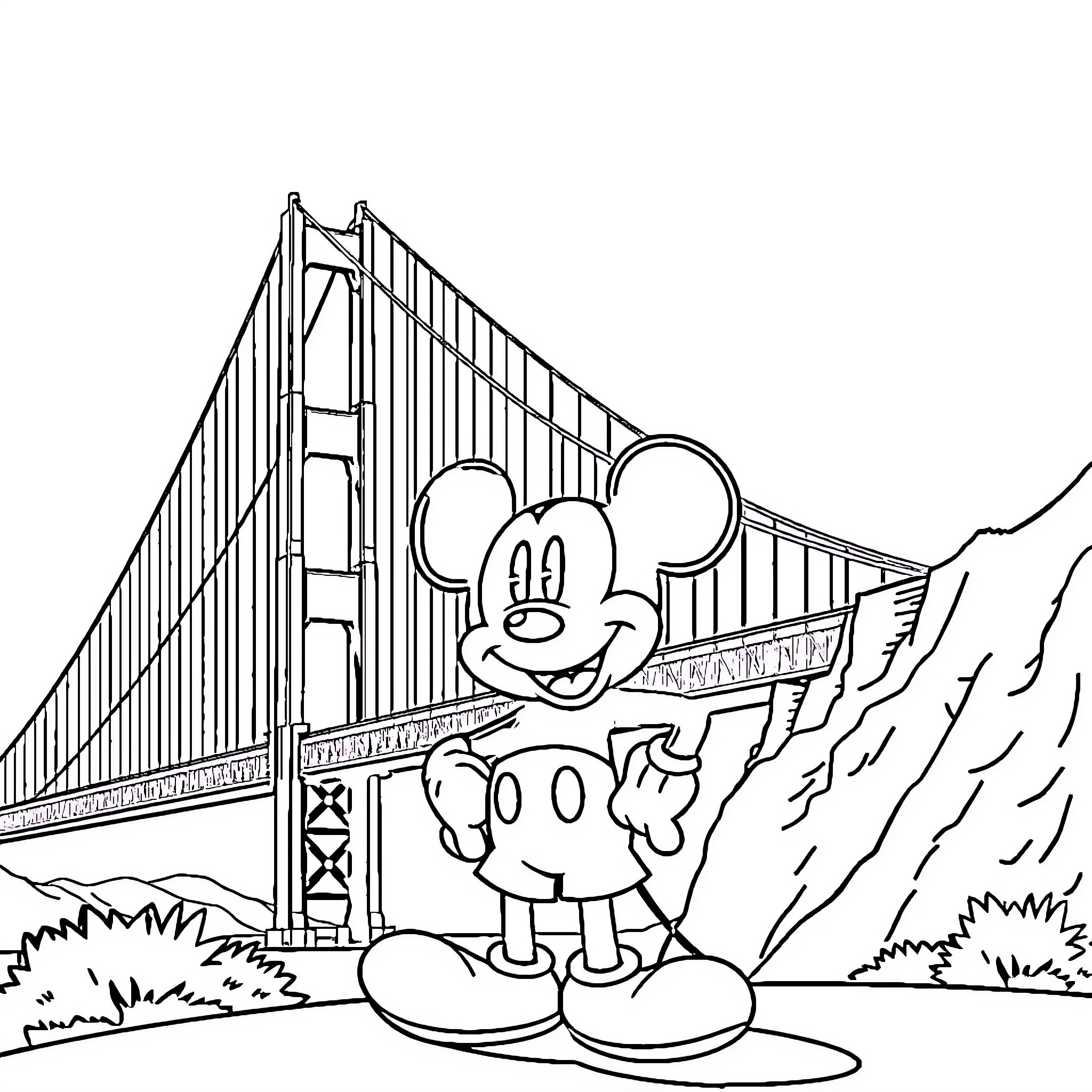 Mickey Mouse visiting iconic Golden Gate Bridge Coloring Page (free black-and-white line drawing printable PDF for all, from beginners to advanced learners, including children, teens, adults, and seniors)