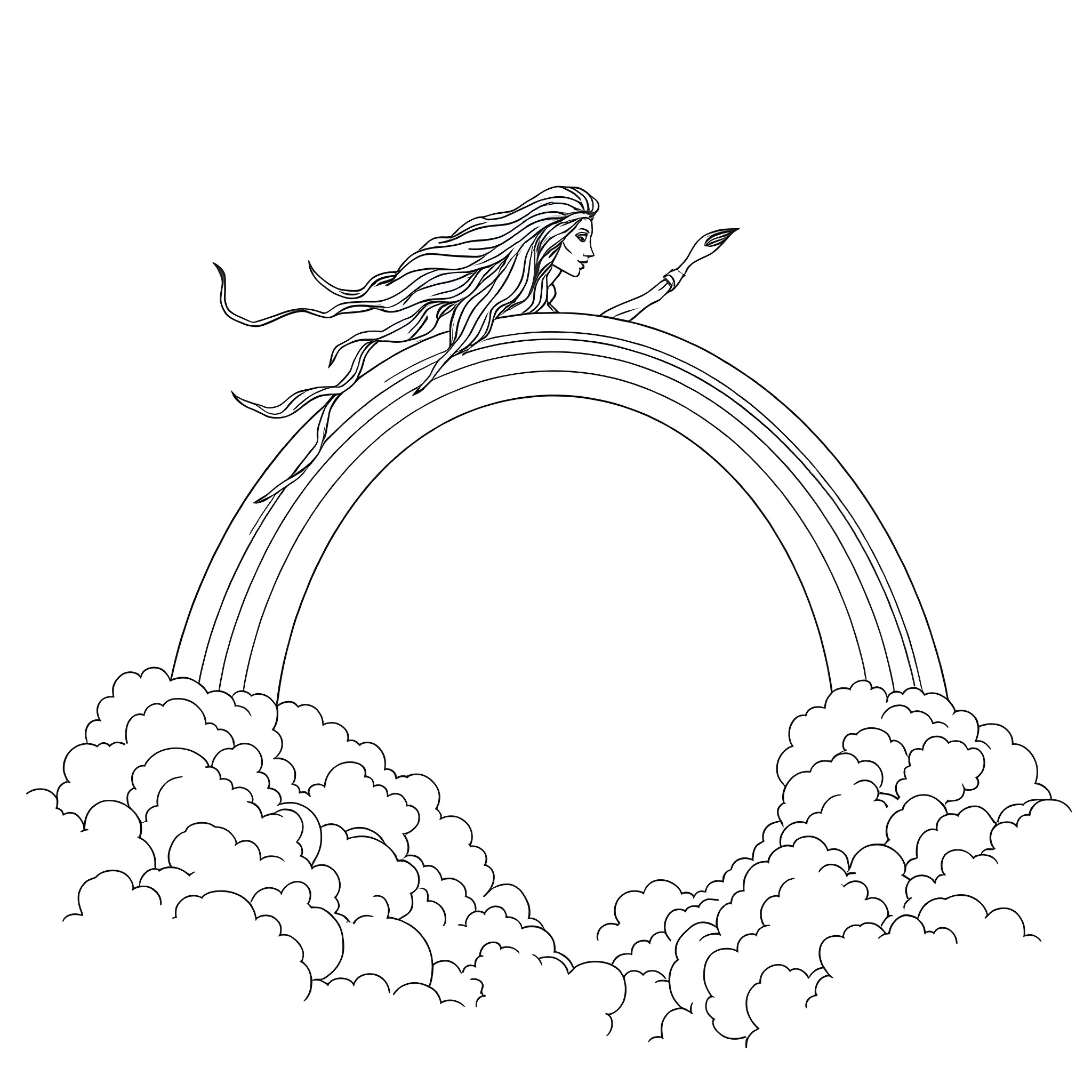 Spirit Maiden amidst Clouds and Rainbow Coloring Page (free black-and-white line drawing printable PDF for all, from beginners to advanced learners, including children, teens, adults, and seniors)