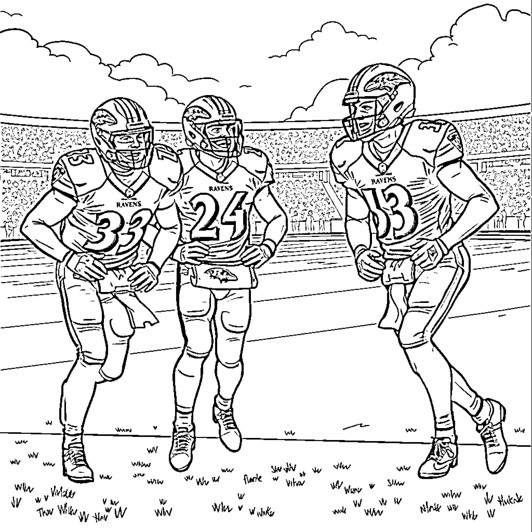 Ravens players on the football field Coloring Page (free black-and-white line drawing printable PDF for all, from beginners to advanced learners, including children, teens, adults, and seniors)