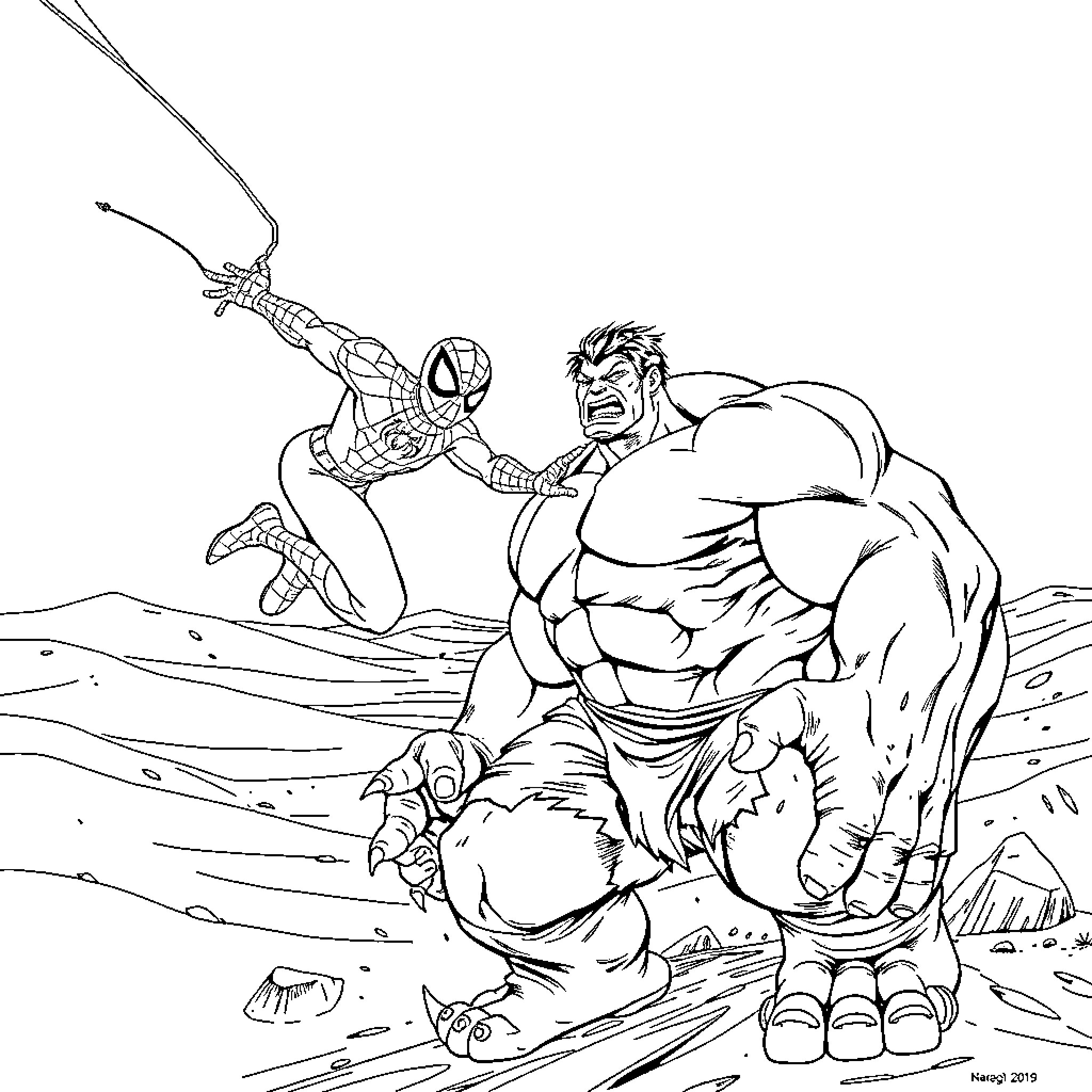 Spiderman battles a muscular superhero in the desert Coloring Page (free black-and-white line drawing printable PDF for all, from beginners to advanced learners, including children, teens, adults, and seniors)