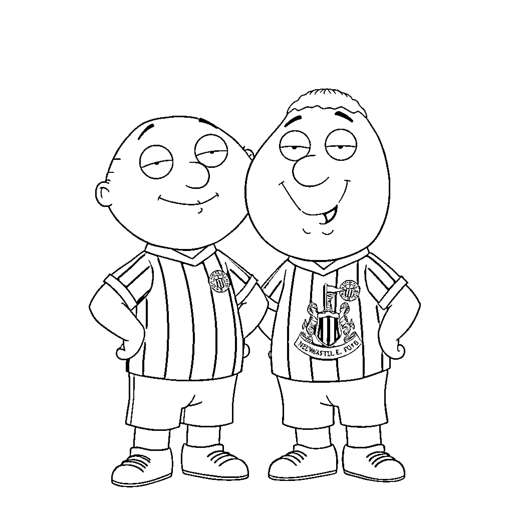 Stewie and his friend in matching uniforms Coloring Page (free black-and-white line drawing printable PDF for all, from beginners to advanced learners, including children, teens, adults, and seniors)