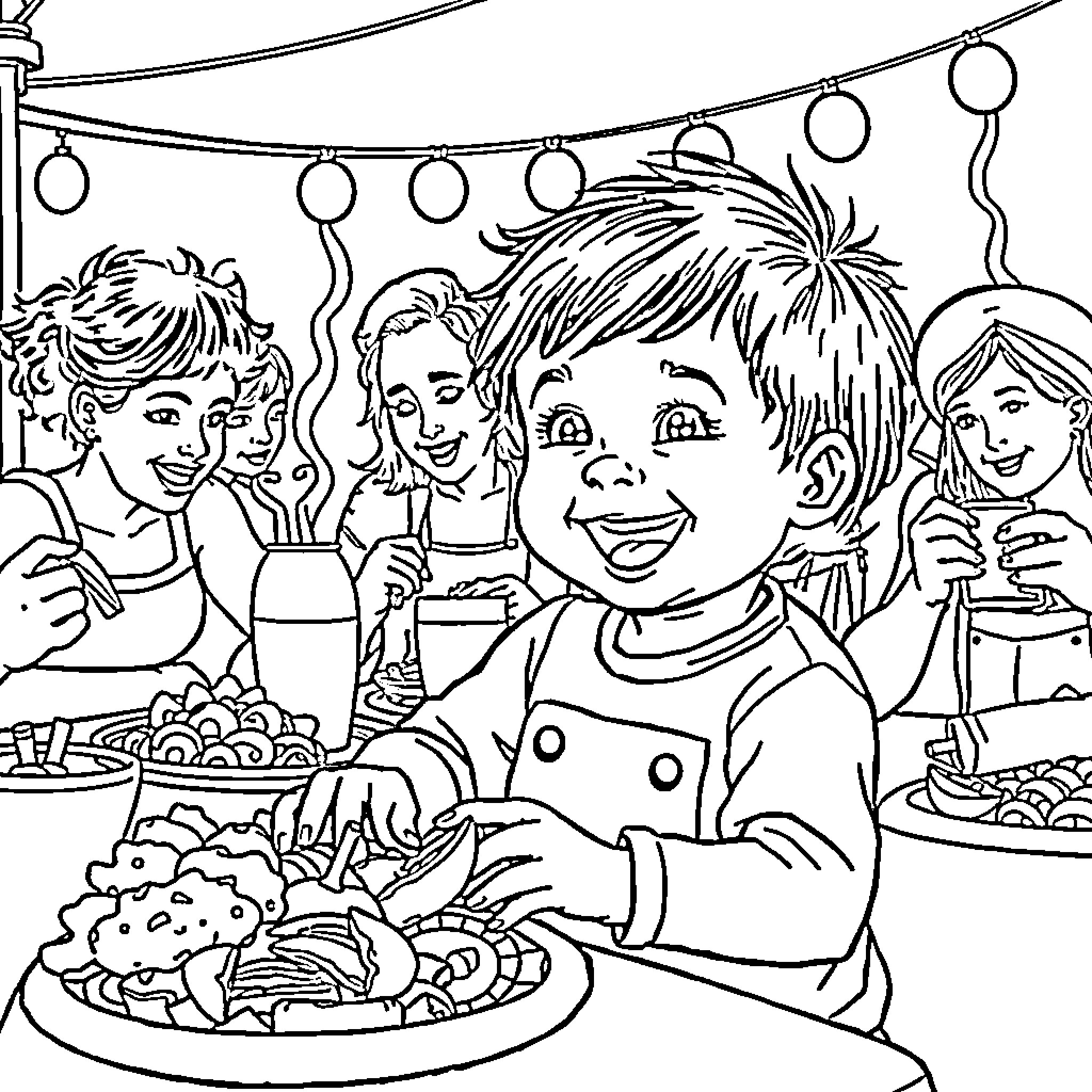Child enjoys birthday party with friends Coloring Page (free black-and-white line drawing printable PDF for all, from beginners to advanced learners, including children, teens, adults, and seniors)