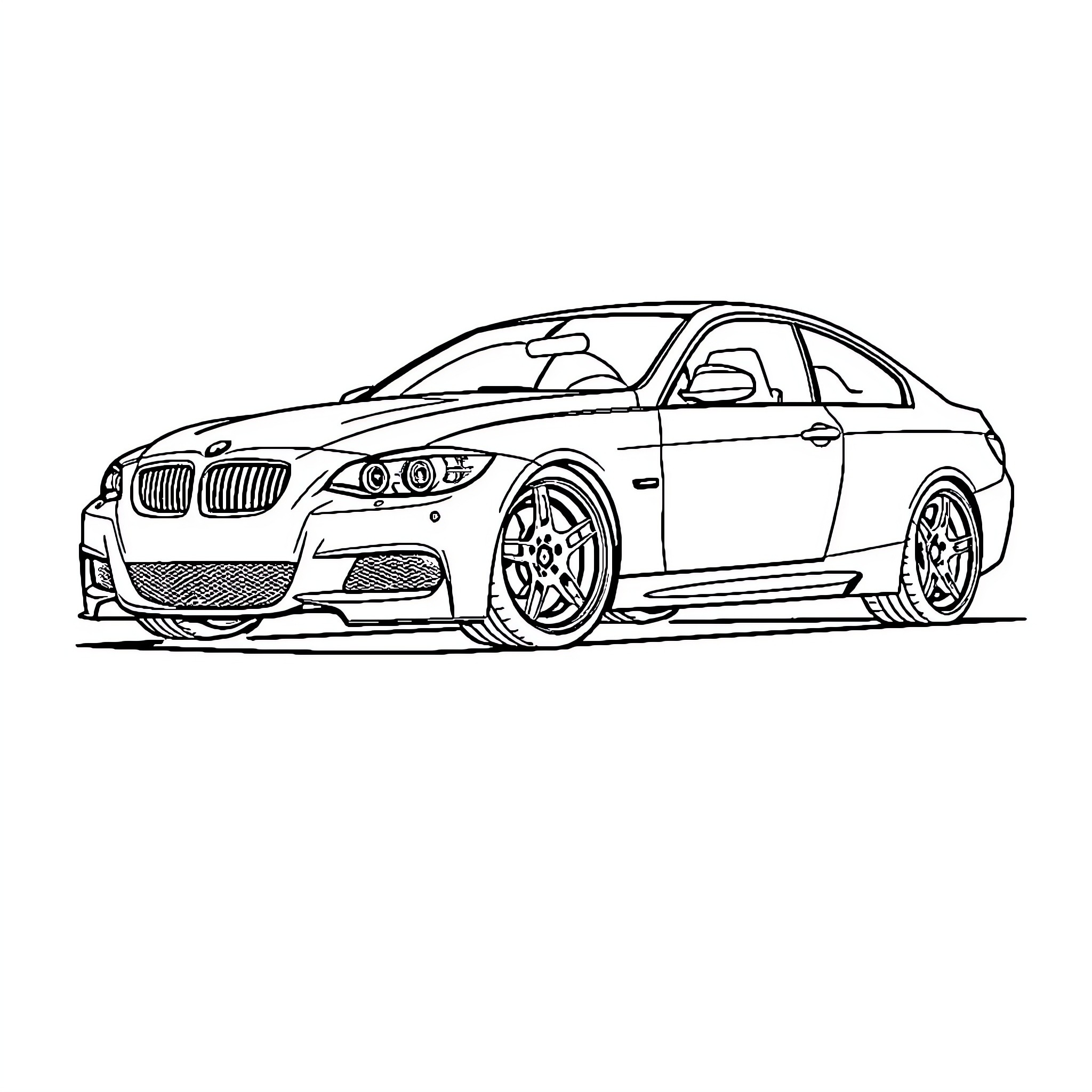 BMW Sports Coupe in Dynamic Action Coloring Page (free black-and-white line drawing printable PDF for all, from beginners to advanced learners, including children, teens, adults, and seniors)