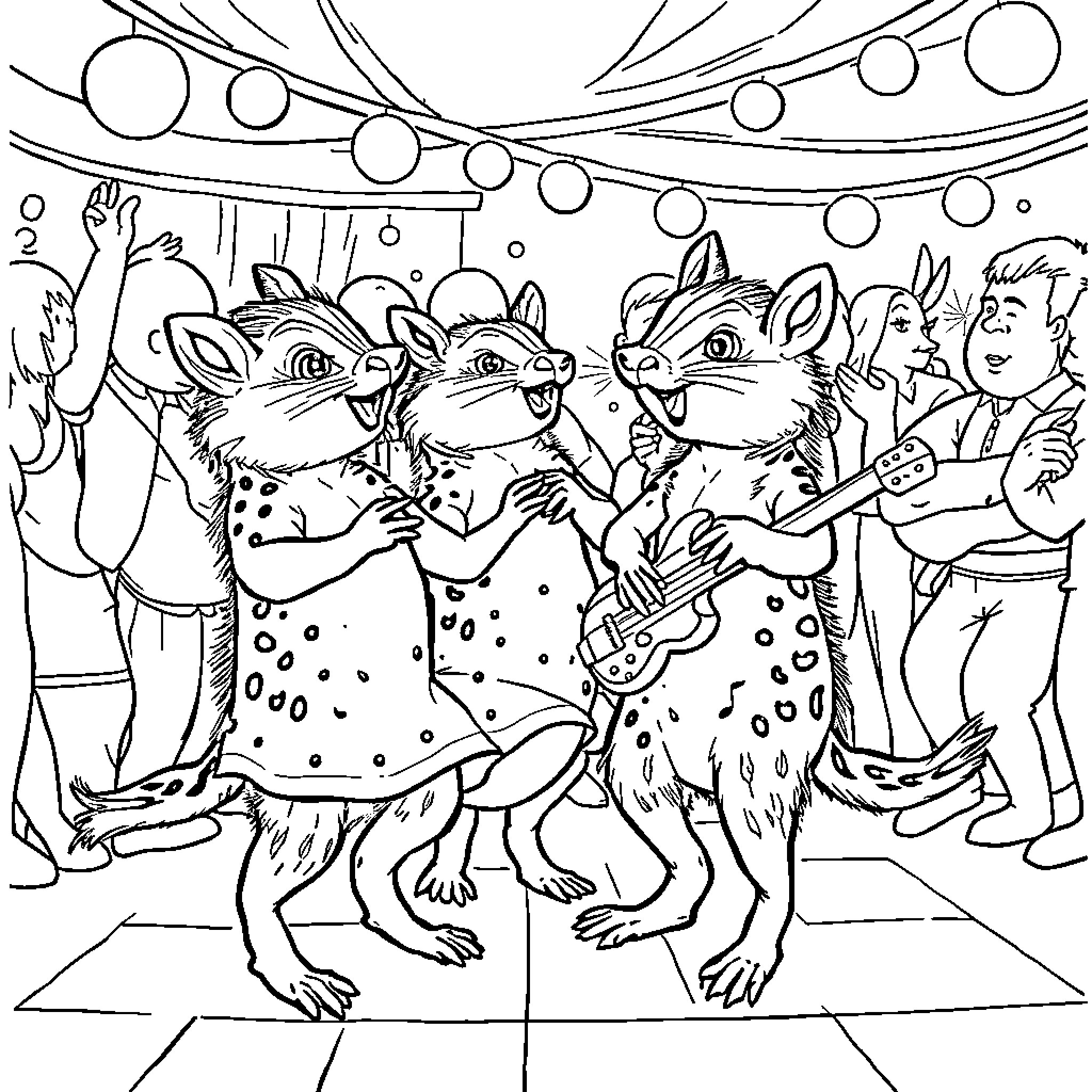 Old People Enjoying a Lively Dance Party Coloring Page (free black-and-white line drawing printable PDF for all, from beginners to advanced learners, including children, teens, adults, and seniors)
