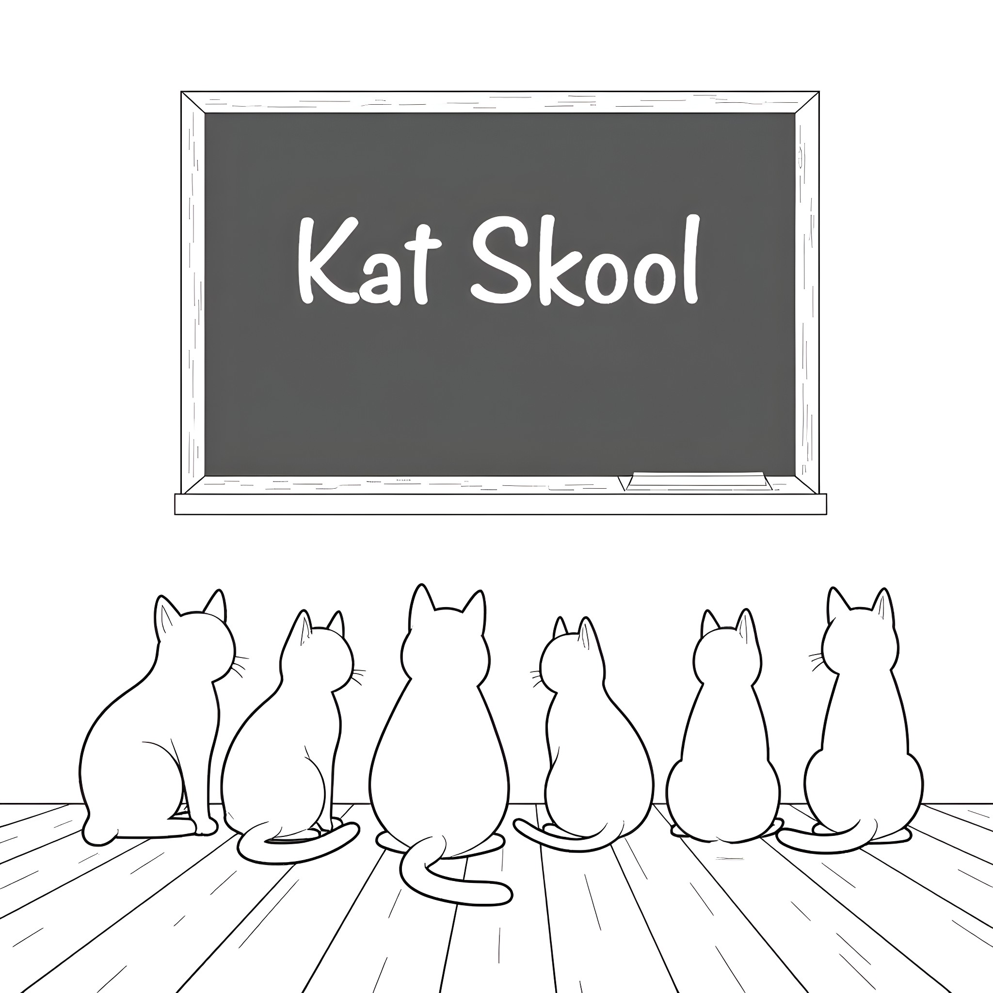 Cats attending Kat Skool Coloring Page (free black-and-white line drawing printable PDF for all, from beginners to advanced learners, including children, teens, adults, and seniors)
